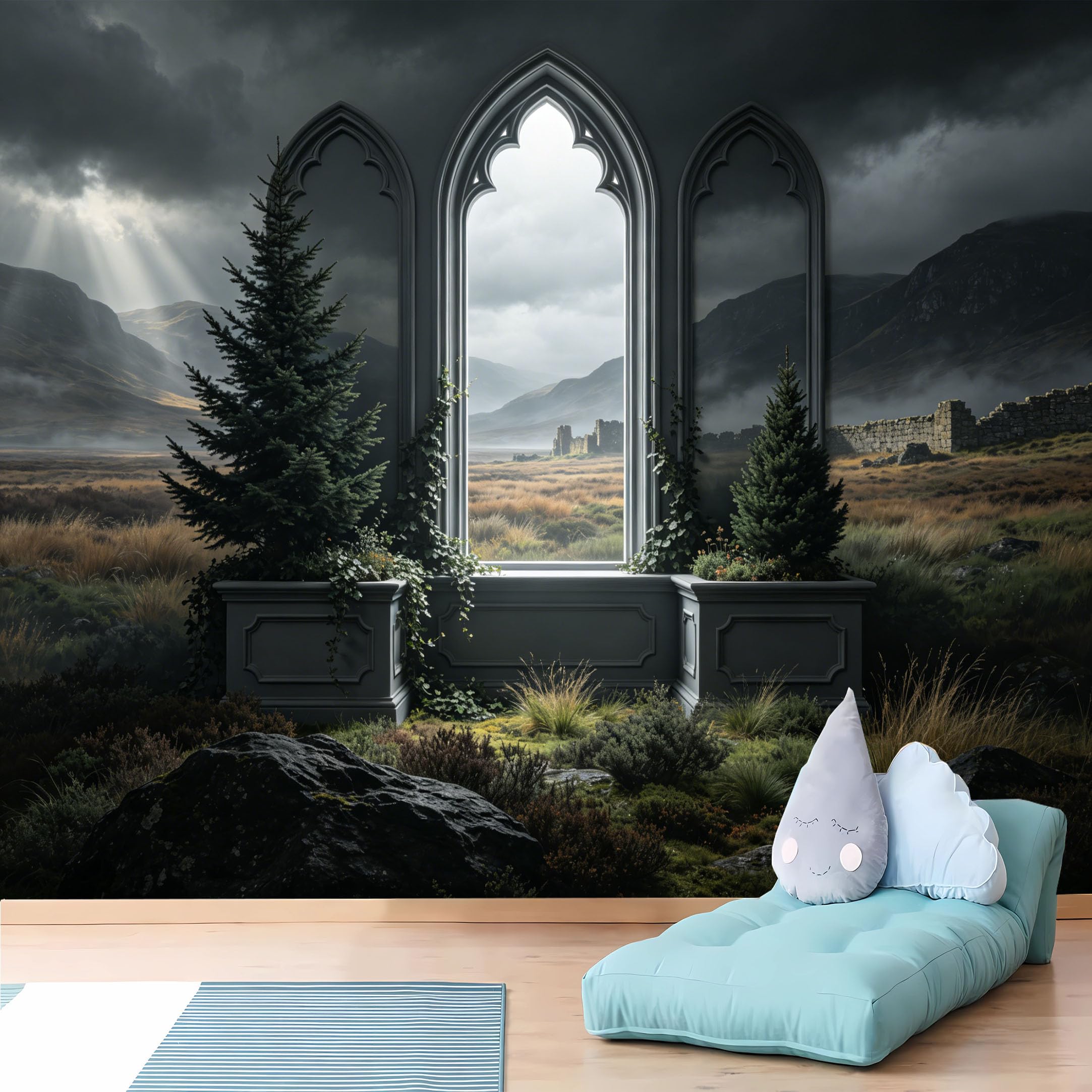Custom Size Wall Murals 3D Gothic Window Misty Highland View Wall Stickers Self-Adhesive Wall Fabric (NO PVC) Removable Wallpaper for Living Room