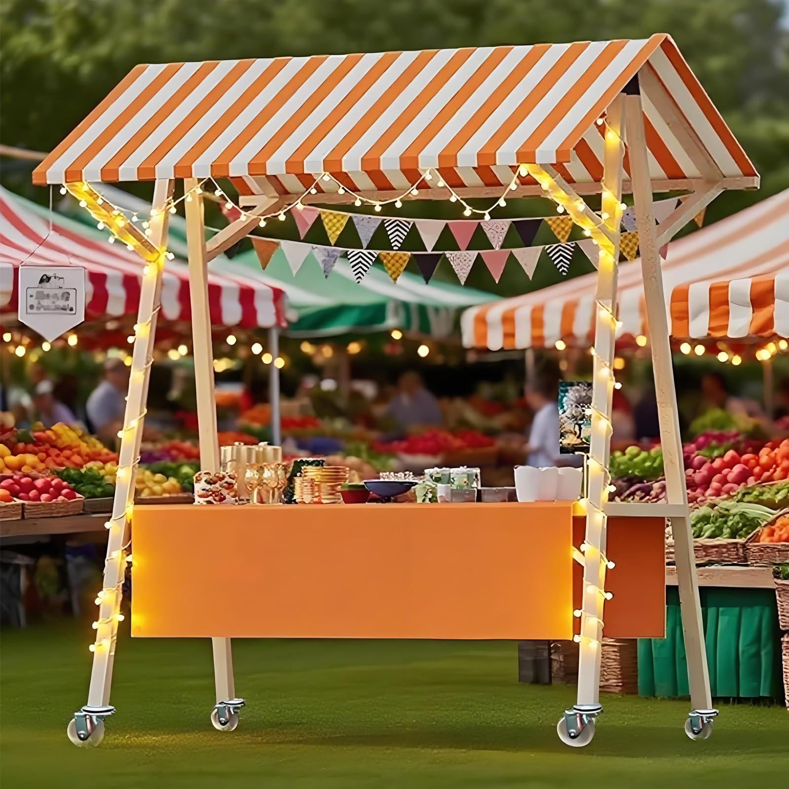 Mobilny stojak ekspozycyjny, wózki na żywność na sprzedaż drewniane pudełko na lunch z kółkami, komercyjne pudełka na lunch, na targi (pomarańczowy 1,150 cm/59 cali)