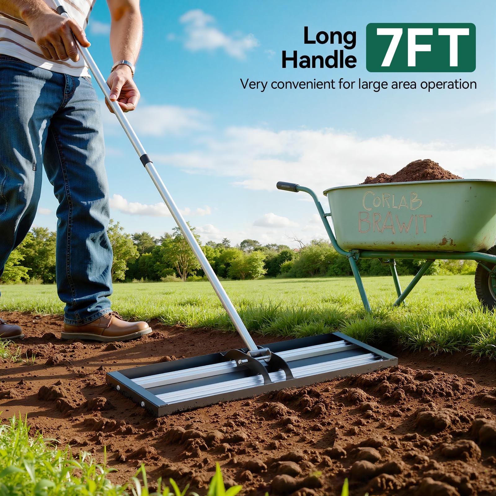 Warmiehomy Rastrillo nivelador de césped de 76 x 25 cm, nivelador de césped para jardinería con mango ajustable de 213 cm y barra rodante, rastrillo nivelador de césped resistente para suelo, césped