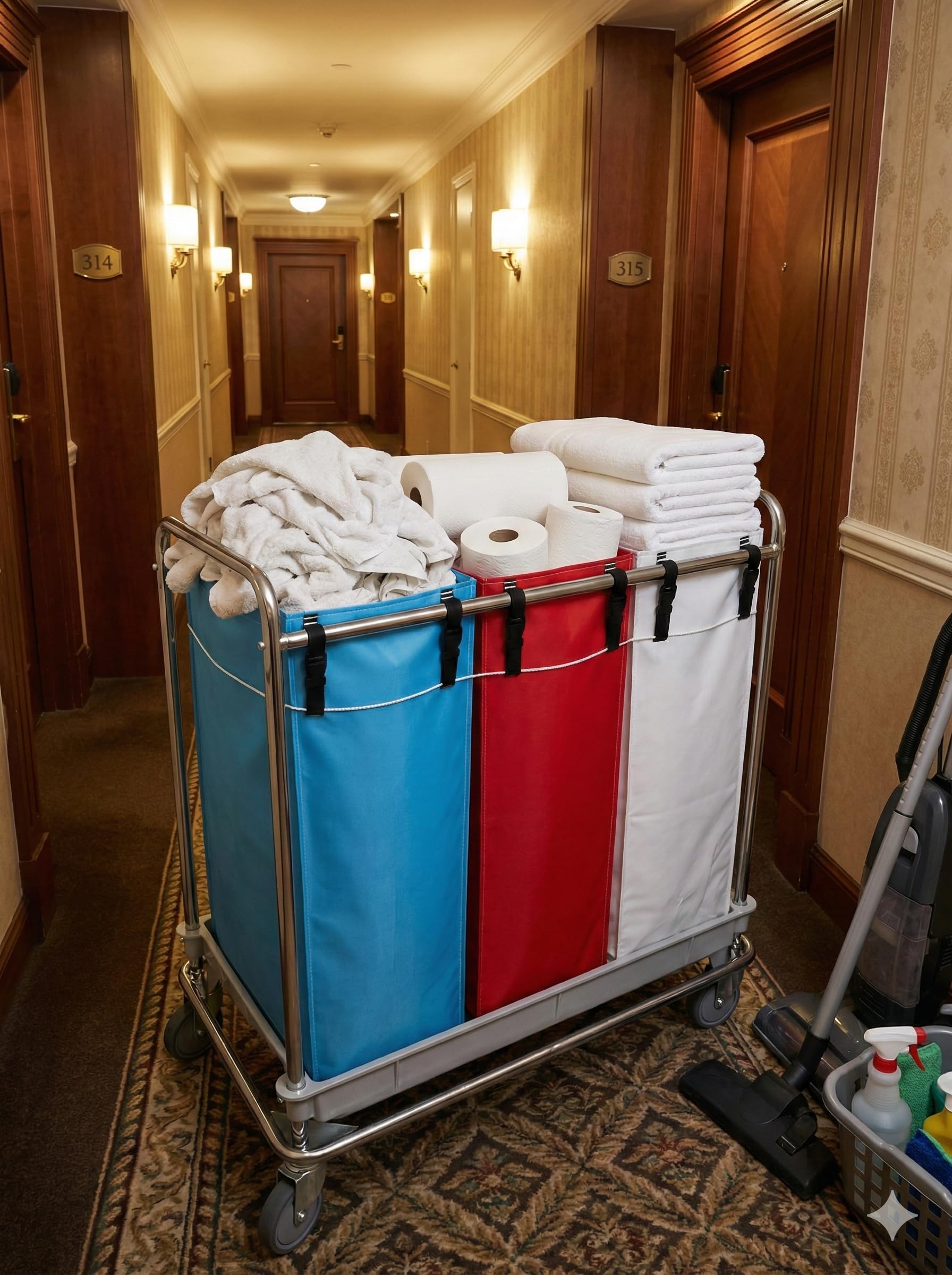 Carro de Lavandería Profesional Cromado con 3 Bolsas Plastificadas (80L) - Clasificador de Ropa Sucia con Ruedas 125mm y Base de Polipropileno - Ideal Hoteles y Residencias (95x65x104 cm)