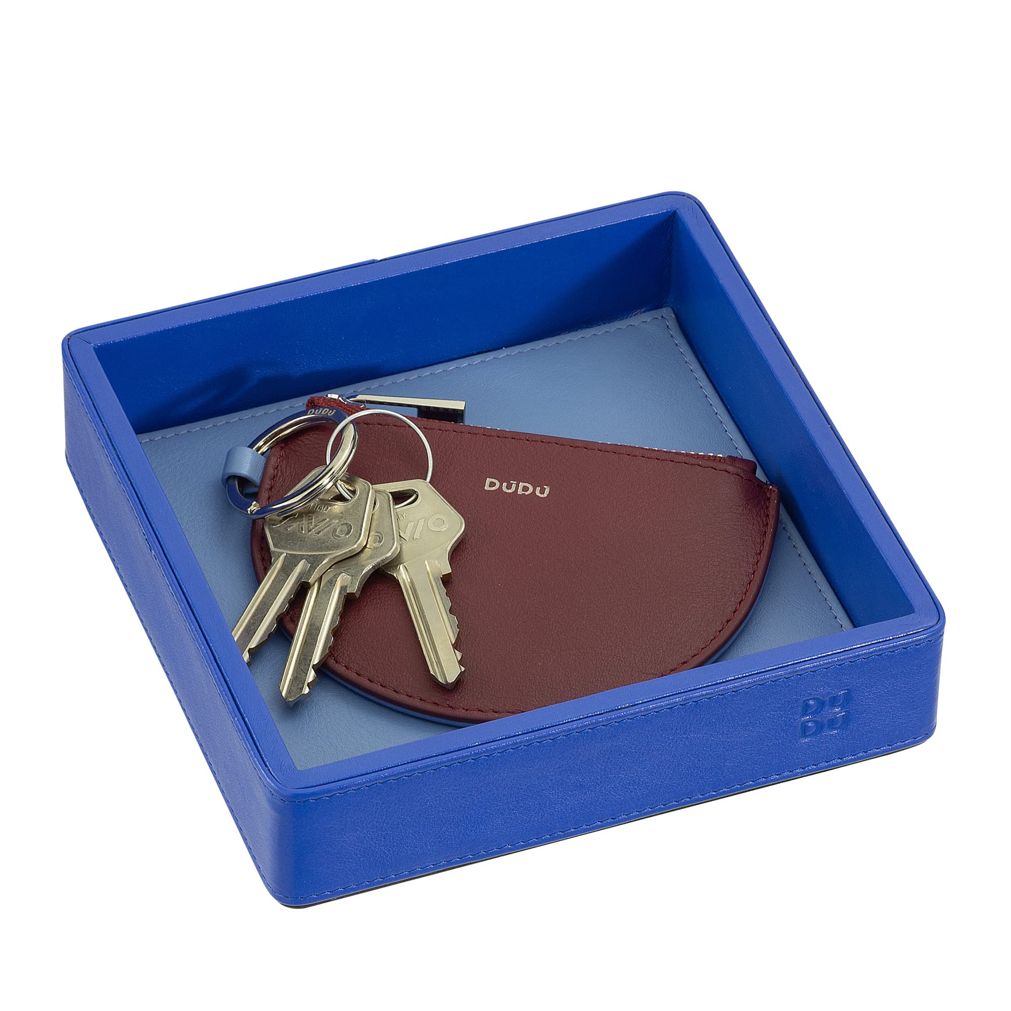 DUDU Vide-Poches Design en Cuir coloré pour entrée Porte-Objets 14x14cm avec Coffret Cadeau Bleuet