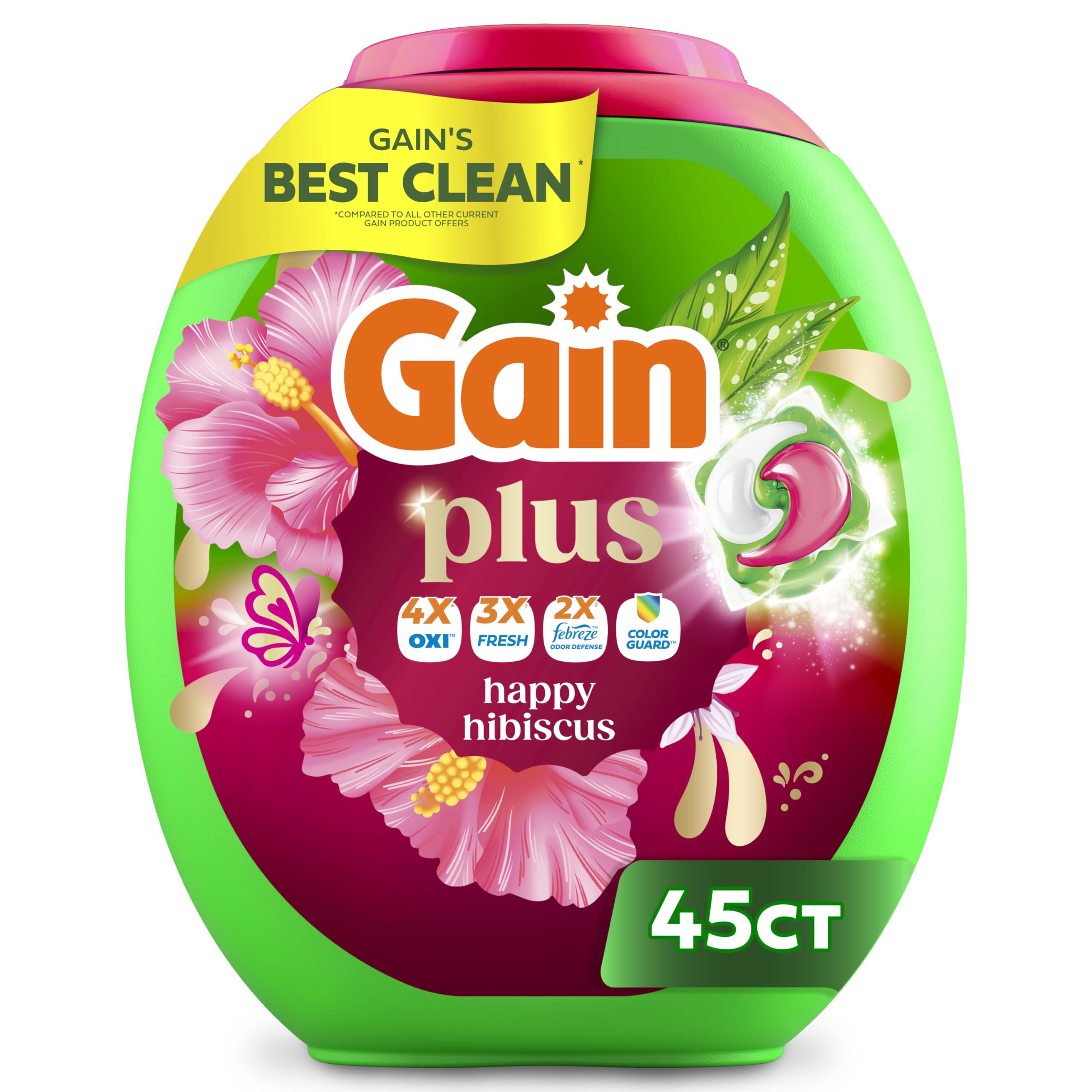 Gain Plus Flings Liquid Washing Detergent Pods, Gain's Best Clean, All-In-One, Happy Hibiscus Scent Laundry Pacs, 45 Count (Packaging May Vary)