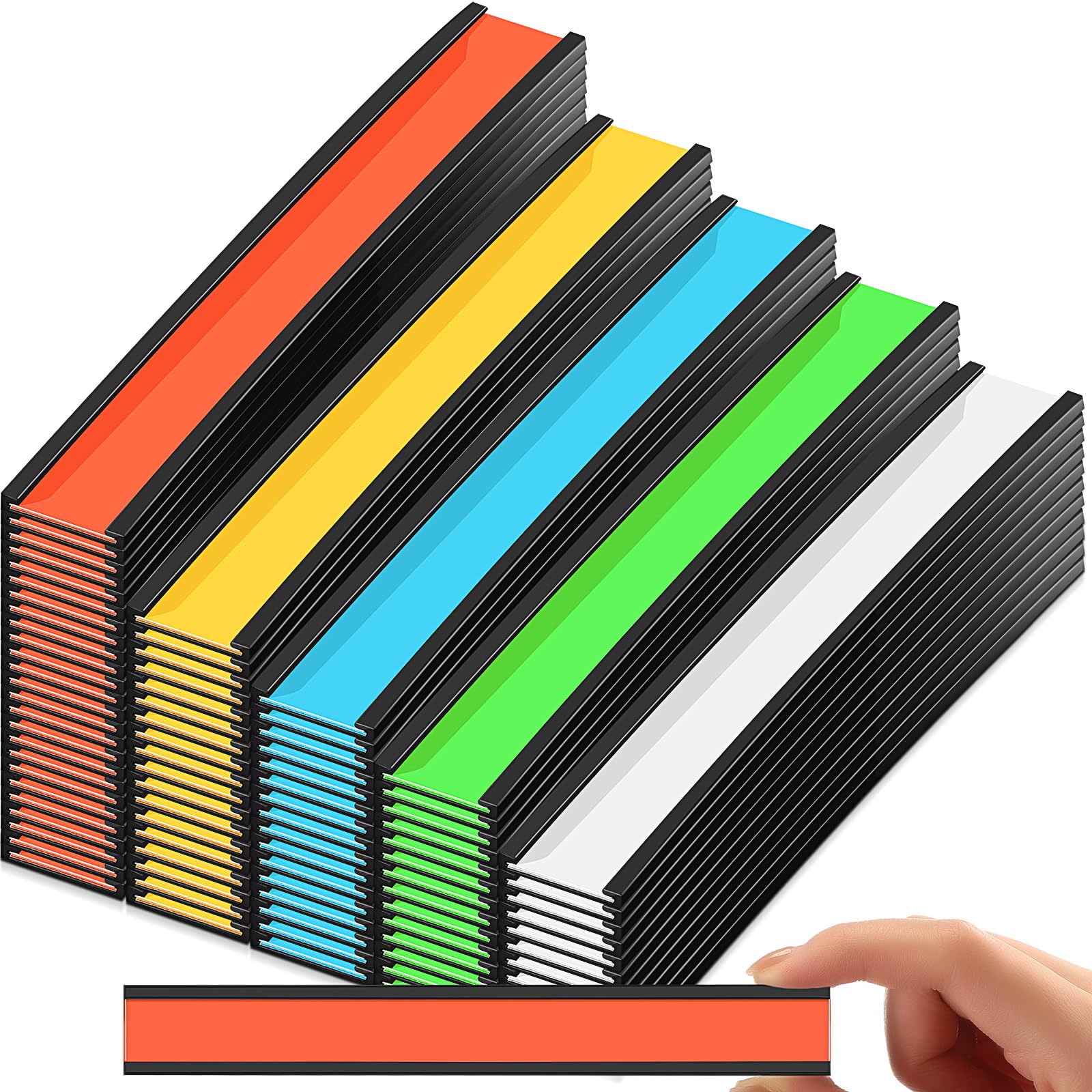 Seajan 100 porta etichette magnetiche a C per targhette, etichette magnetiche per armadietti, per scaffali, con 100 protezioni in plastica trasparente, 200 inserti di carta colorata (1,9 x 15,2 cm)