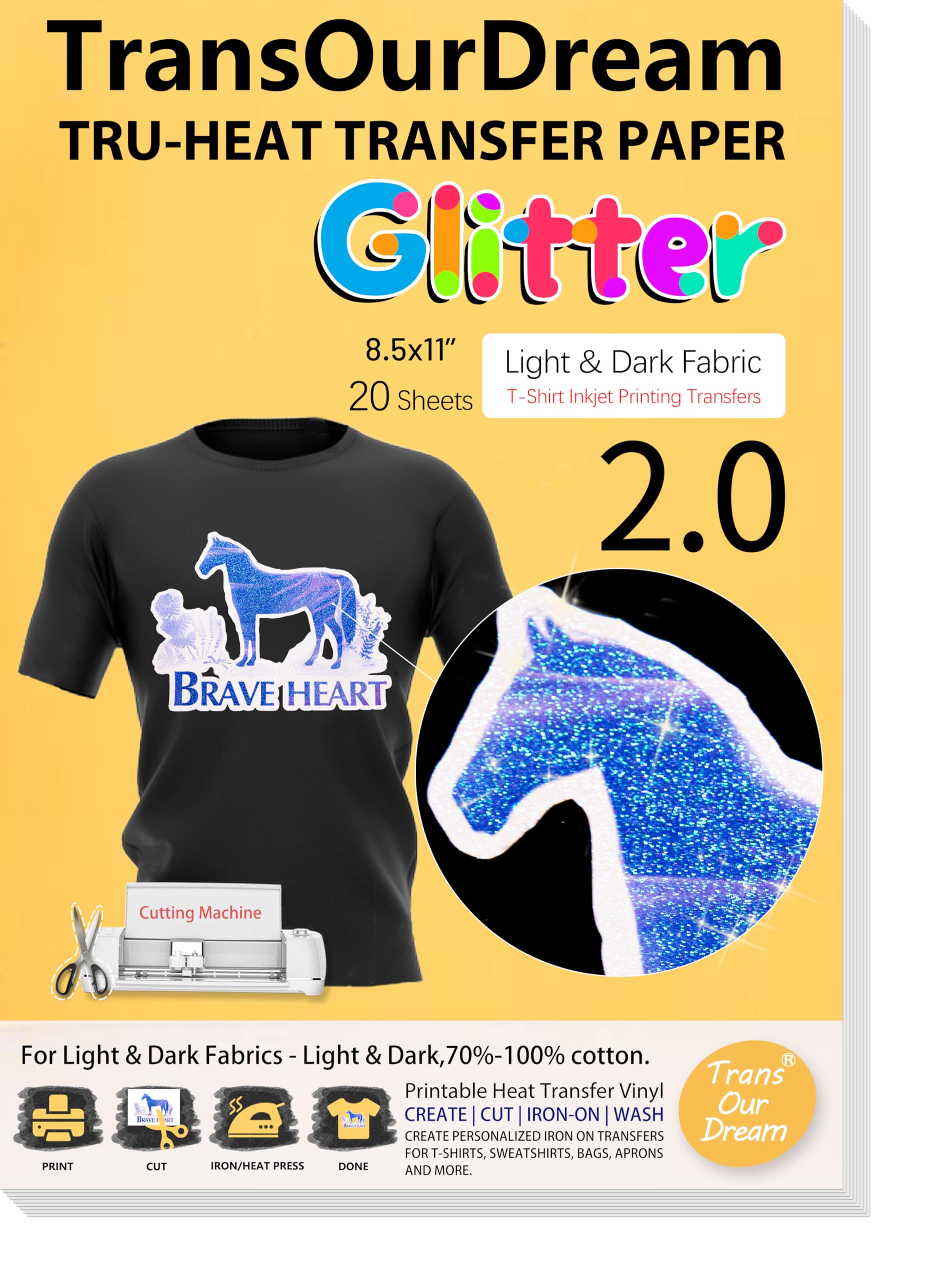 TransOurDream Glitter 2.0 Heat Transfer Paper for Inkjet Printer (20 Sheets, 8.5x11'') Printable Heat Transfer Vinyl for T Shirts Iron on Transfers for Light & Dark Fabrics(TOD-GL2-20)