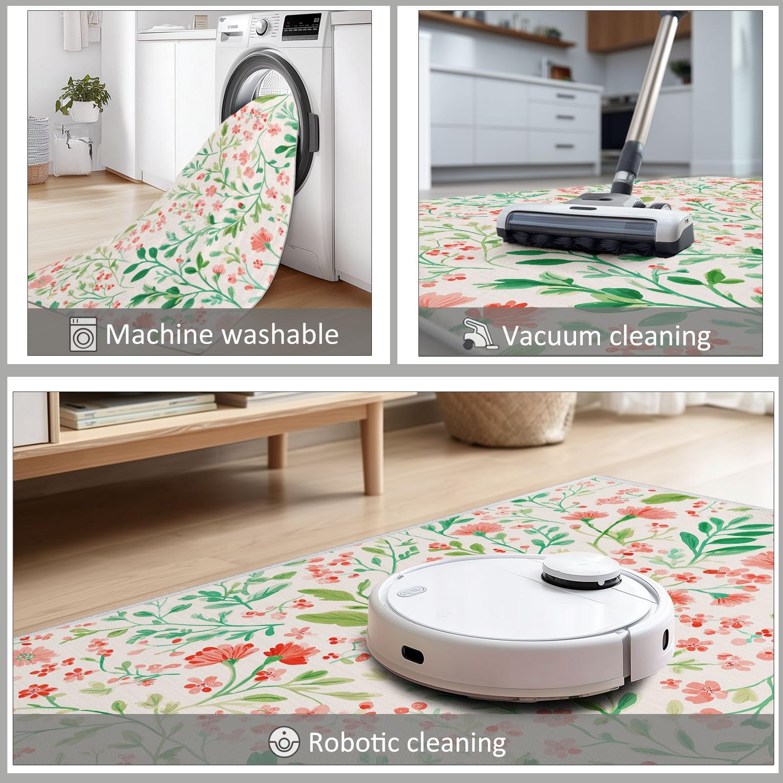 Tappeto per Donne e Adulti 140X200 CM Flanella Lavabile in Lavatrice, Antiscivolo, Anallergico, Casa Rurale Stile Botanico Floreale Cucina Soggiorno Tappeto