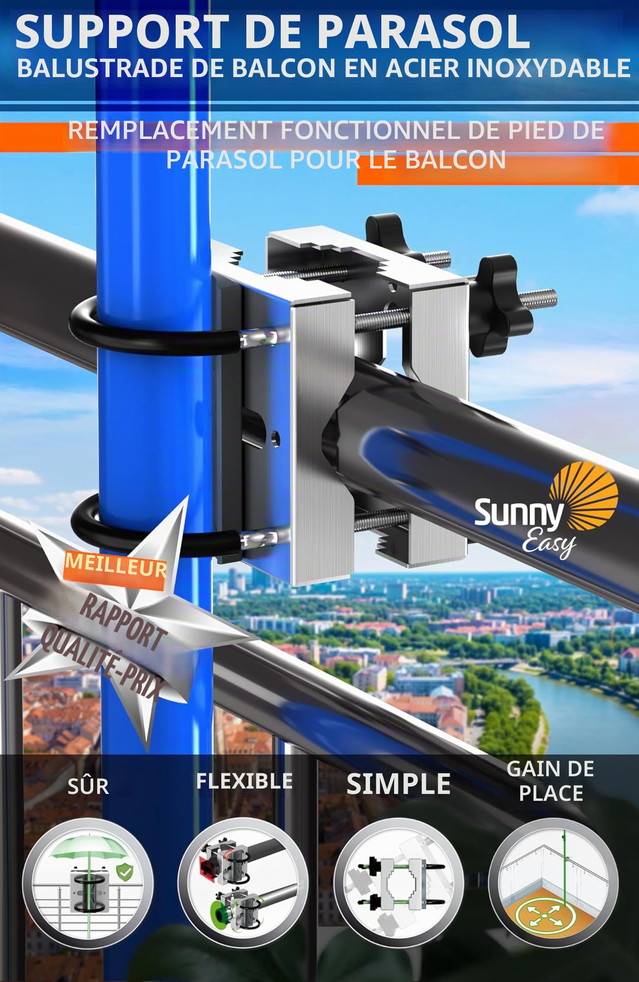 4smile Support de parasol SunnyEasy – Support de parasol en acier inoxydable pour balcon, fixation sur rampe