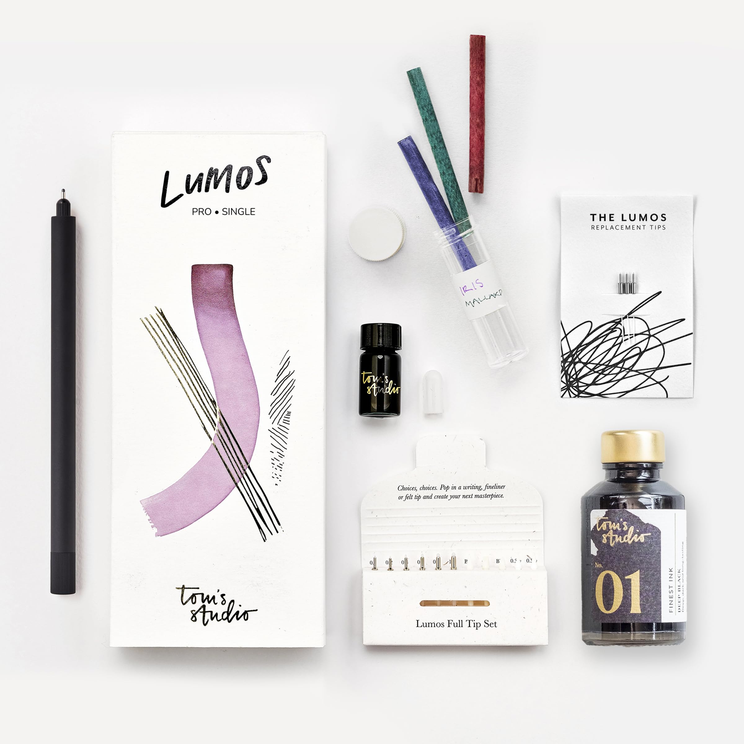 Tom's Studio Lumos Pro Single | Black | Refillable Creative Pen System | Includes Deep Black Fountain Ink (50ml), 0.05 Fineliner Tips (3pk), Spare Reservoirs & Reservoir Container |Fineliner & Writing