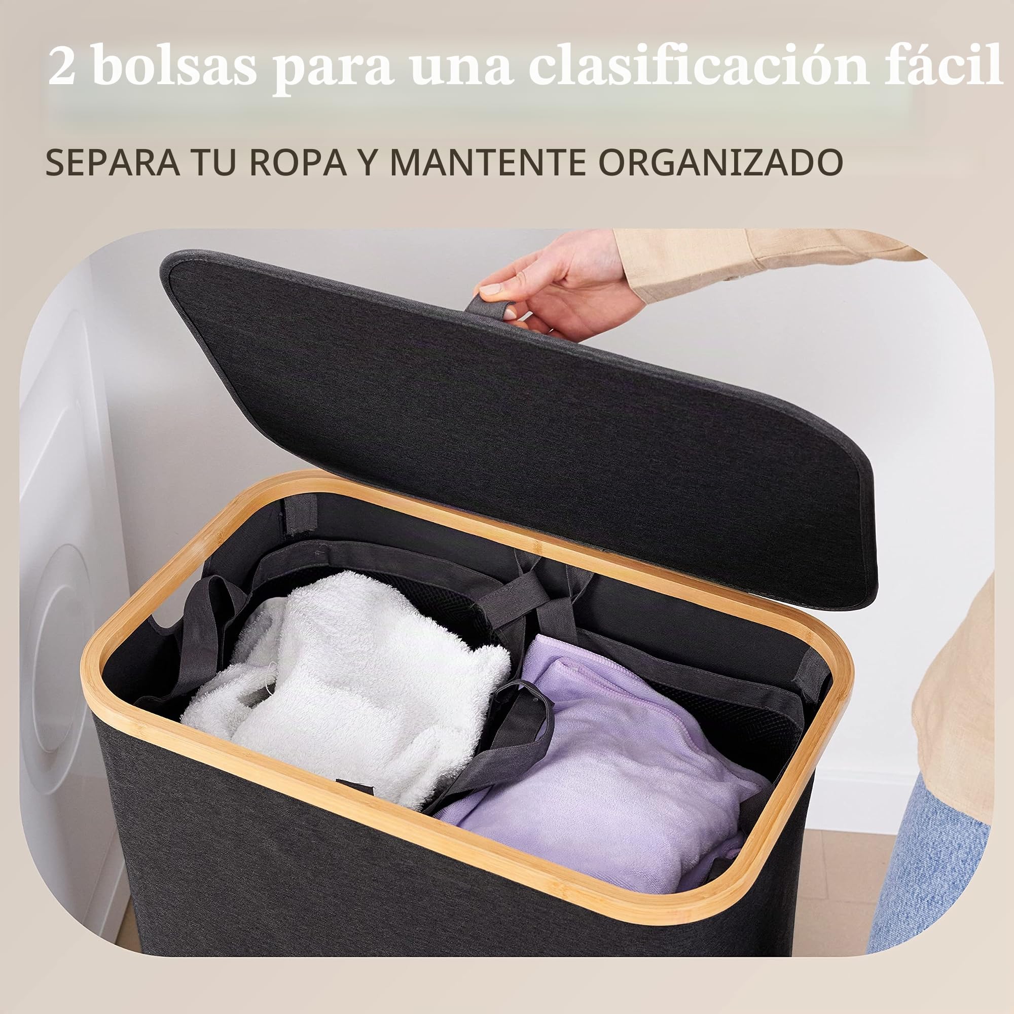 Hennez Cesto Ropa Sucia 2 Compartimentos 140 L - Cesta Ropa Sucia con Tapa, Cubo Ropa Sucia Plegable - Cestos para la Ropa Sucia de Bambú - Separador de Ropa Sucia Grande - Cubo para la Colada Doble