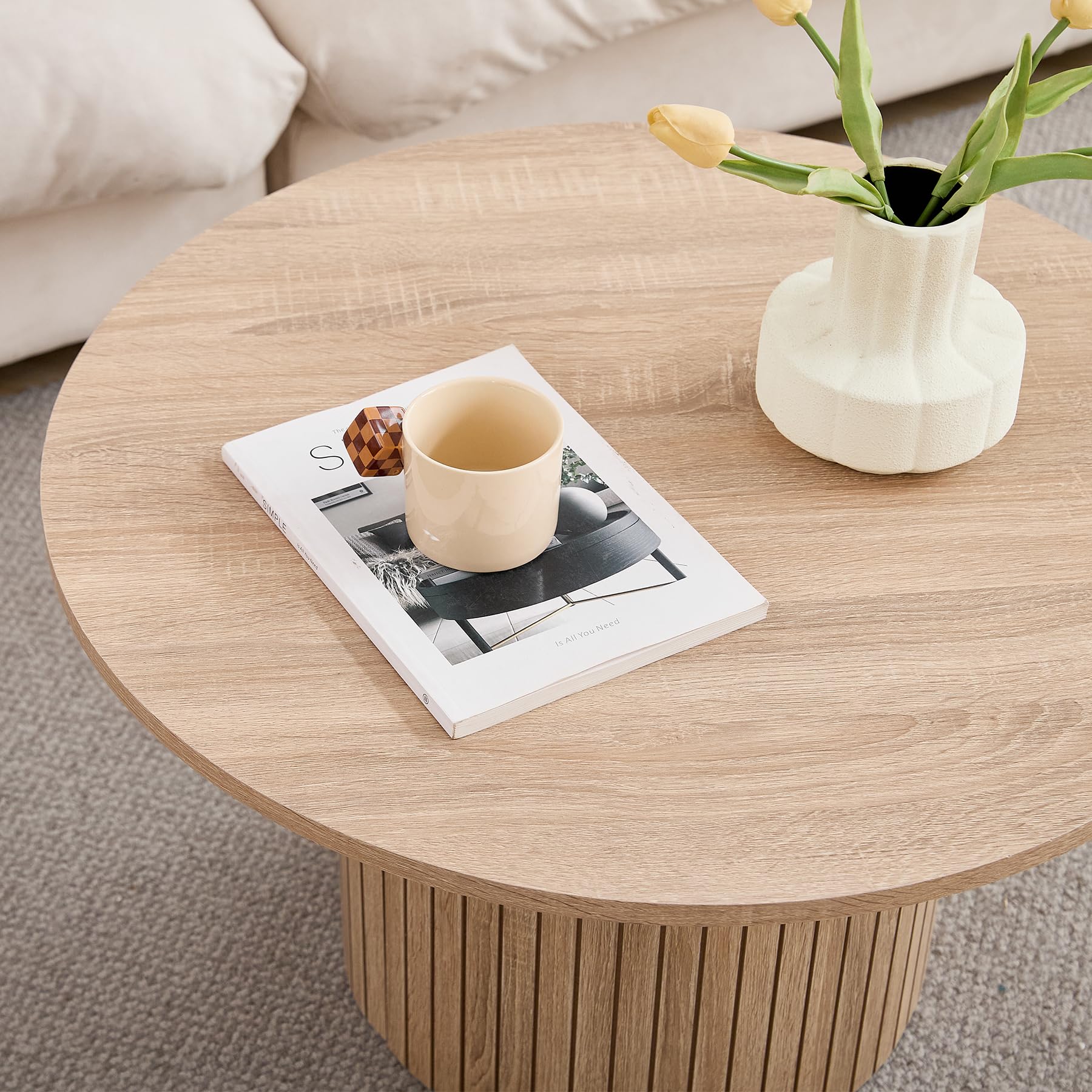 Juego 2 Mesas de Centro Redondas Apilables, Madera Clara | Tablero MDF con Textura de Madera Natural, Fácil Limpieza, Base Cilíndrica Estable, Para Salón, Dormitorio y Cafetería