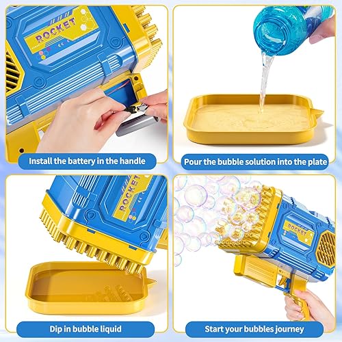 Miniatura 5 de TEMI Ametralladora de burbujas de 86 agujeros para niños, fabricantes de burbujas para niños de 3, 4, 5, 6, 7, 8, 9, 10, 11, 12 años, juguete de