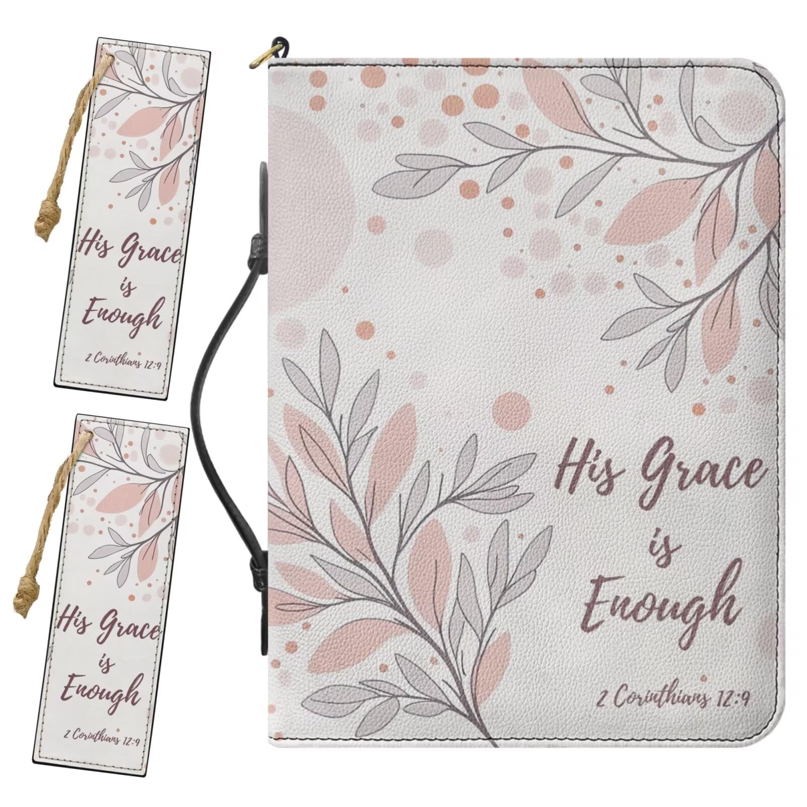Drnuikhe Aesthetic Bible Cover Case for Girls, Small Bible Covers Comes with 2 Bookmarks, II Corinthians 12:9 Bible Organizer with Inner Pockets and Pen Loop, Bible Study Supplies for Girls, White