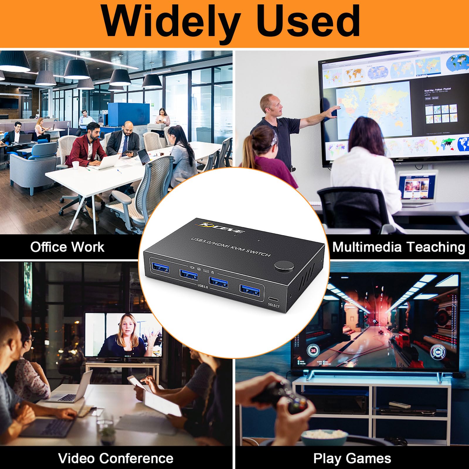 KCEVE Commutateur KVM 1 moniteur, 2 ordinateurs 4K @ 60 Hz, commutateur KVM HDMI pour 2 ordinateurs, 1 moniteur et 4 périphériques USB 3.0, avec télécommande filaire