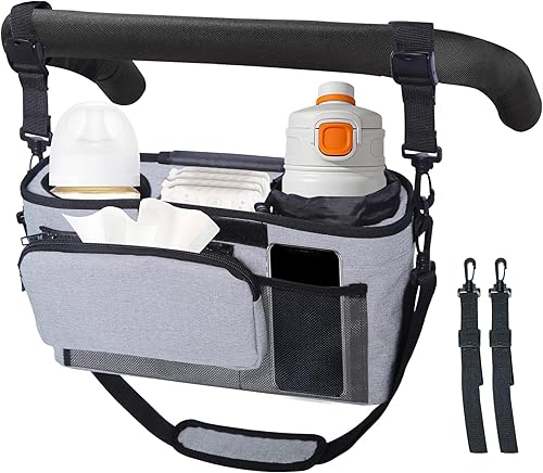 Organizador universal para cochecito, 2 portavasos aislados elevados, bolsillo desmontable con cremallera, correa de hombro ajustable, accesorios de