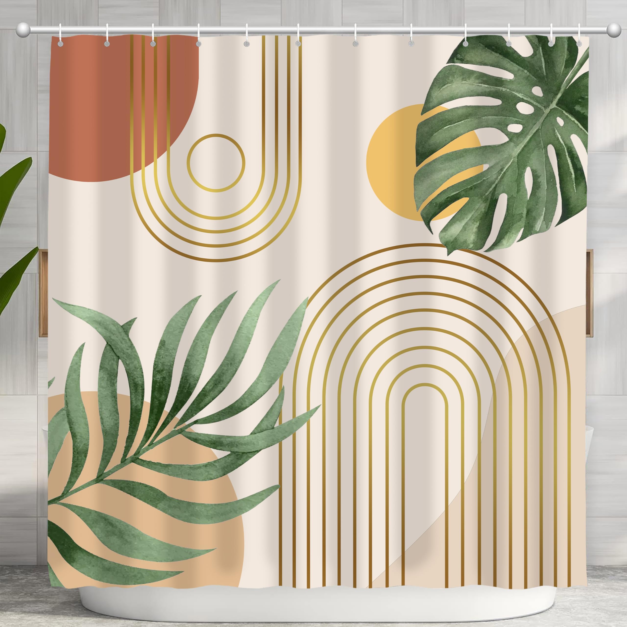 Ghroiep Mid Century Abstract Boho Aesthetic Shower Curtain Set, Green Nature Leaf Sun Modern Minimalist Home Bathroom Curtain Decor with 12 Hooks 72 Inch Wide * 84 Inch High