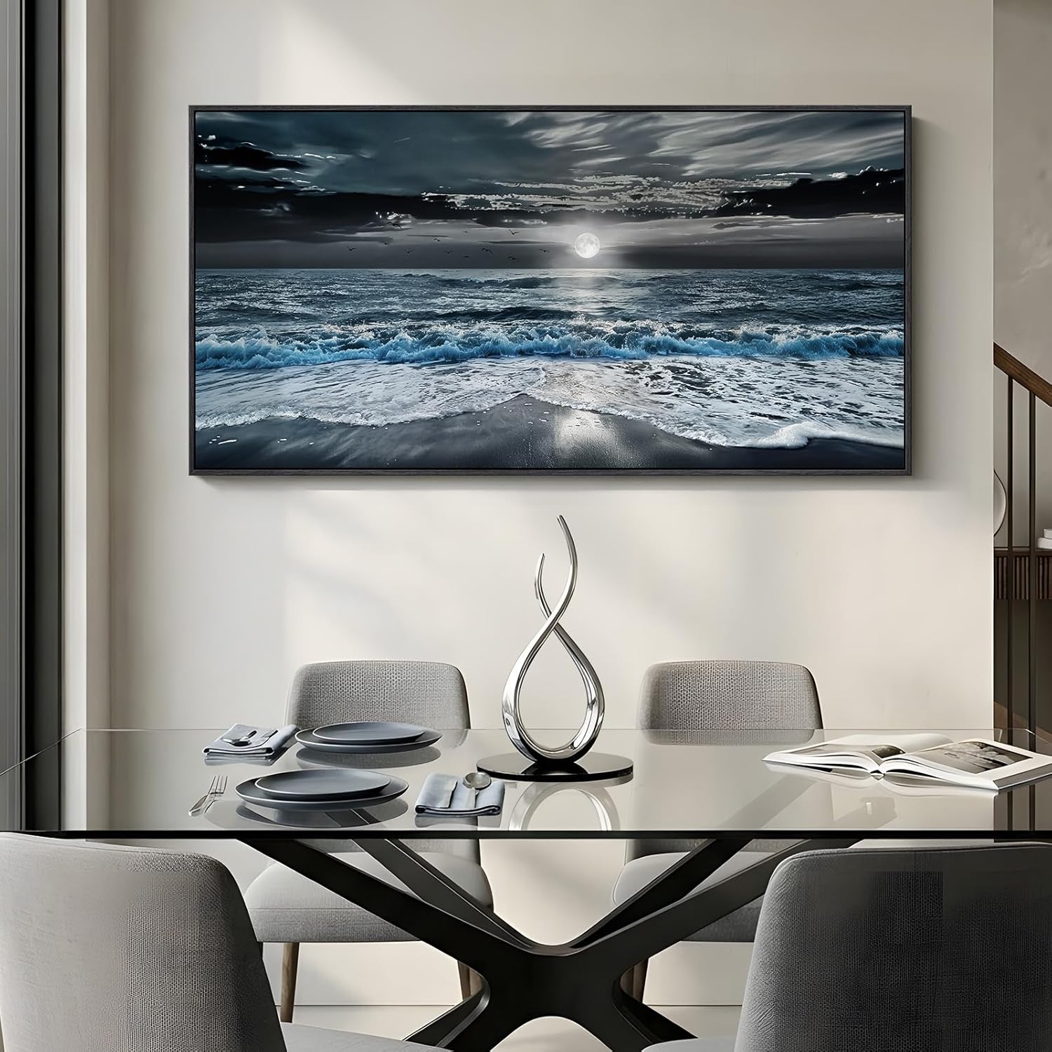 Framed Moonlight Coastal Wall Art for Living Room, Horizontal Blue and Black Beach Ocean Seascape Artwork for Walls, Large Canvas Picture Print for Bedroom Dining Room Office Wall Decor, 24x48 Inch