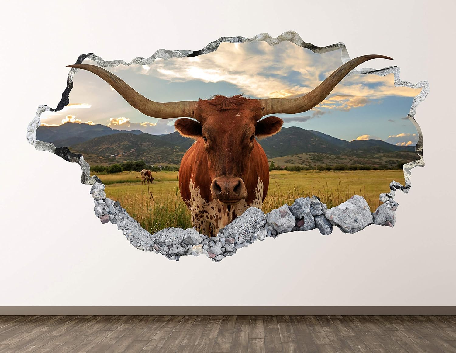 Texas Cow Wall Decal Art Decor 3D Smashed Texas Longhorn Cattle Sticker Poster Kids Room Mural Custom Gift BL1453 (50"w x 30"H)