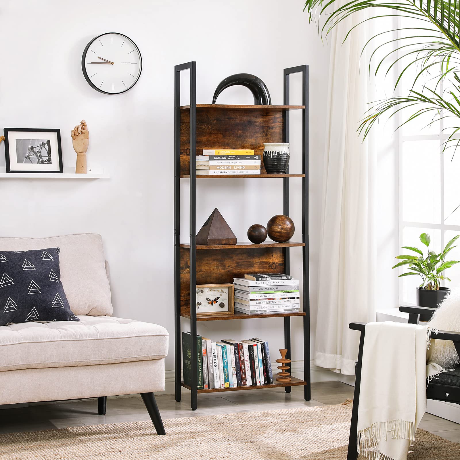 VASAGLE Libreria, Scaffale Portaoggetti, Scaffale da Cucina in Stile Industriale, con 5 Ripiani, Struttura Stabile in Acciaio, Salotto Ingresso Studio Ufficio, Marrone Vintage e Nero LLS025B01