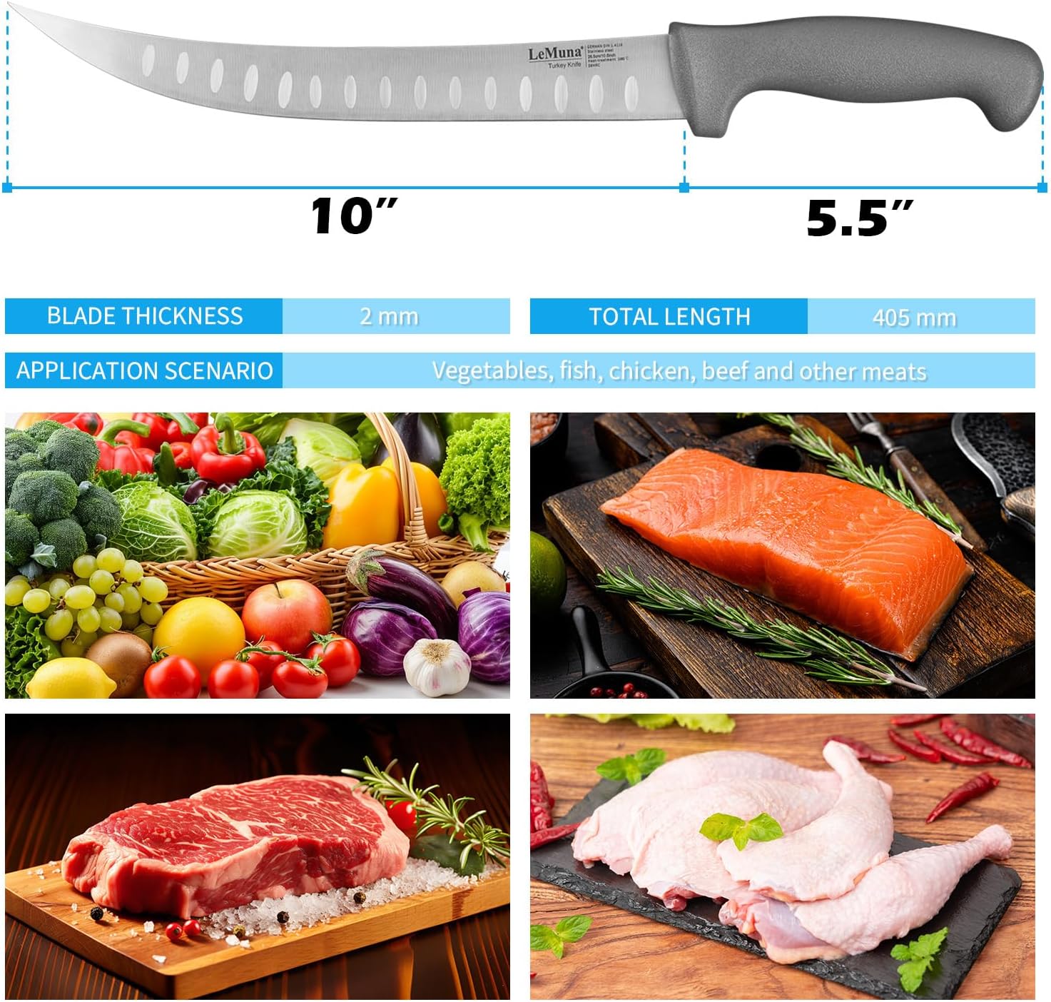 LeMuna 10 Inches Butcher Breaking Knife - Meat Slicing Knives Curved Slicer Carver - Forged German Stainless Steel with Ergonomic Handle - Image 4