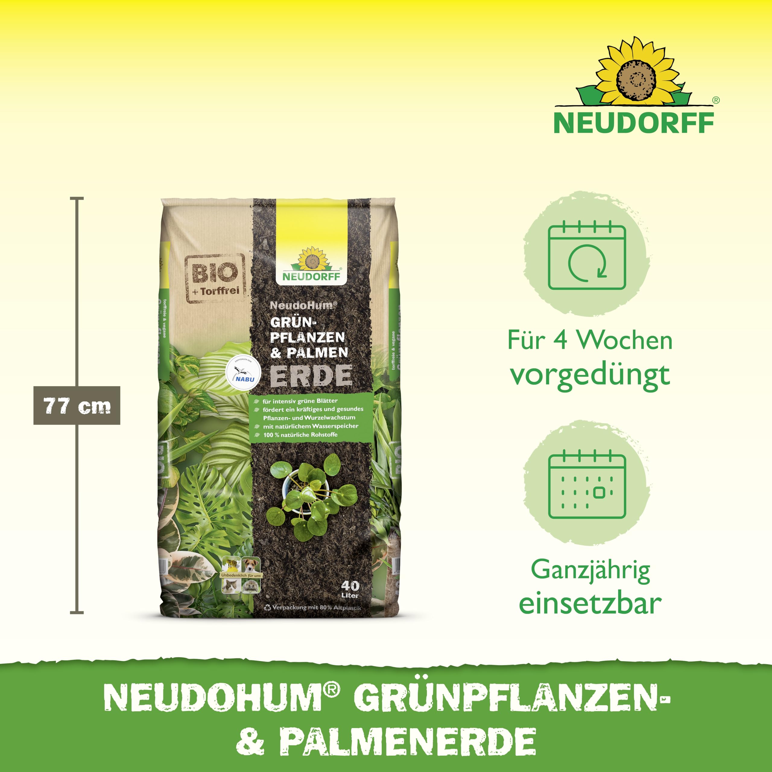 Neudorff NeudoHum GrünpflanzenErde 40 Liter - Palmenerde Torffreie Erde für Palmen - Monstera Erde ohne Torf fördert gesunde Zimmerpflanzen mit grünen Blättern - 100% vegan