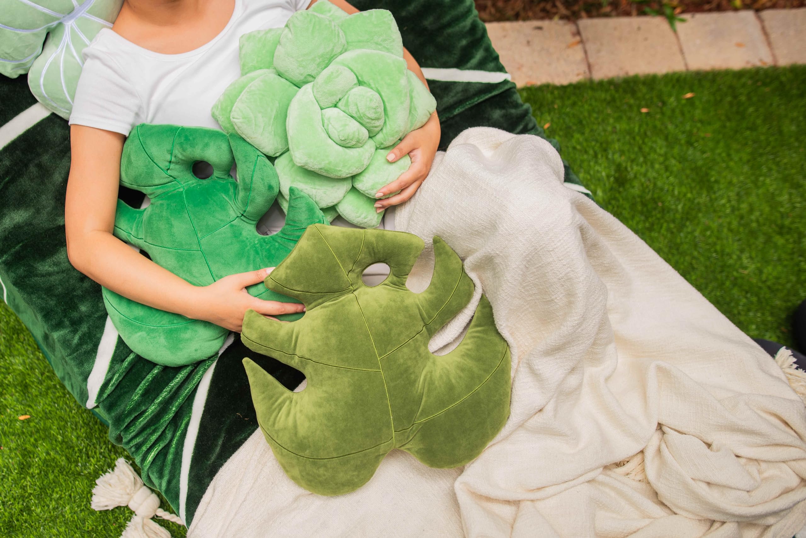 Green Philosophy Co. Plush Succulent Leaf Pillow 3D Accent Anthurium Warocqueanum Plant Throw Pillows for Couch Sofa Living Room Home Decor for Plant & Garden Lovers, Green Thumb Family & Friends: Monstera Deliciosa - Mossy Earth