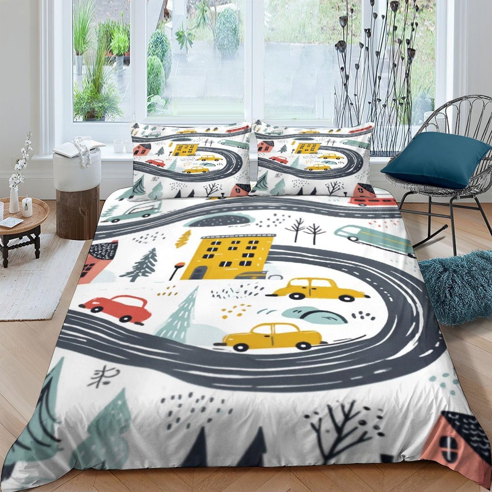 Ctjqhvkz Style-2 3D Printed Cartoon Road Fitted Sheet Microfiber Urban Vehicles Bed Cover Anti-Slip Washable For Bedroom Guest Room Decor Single（135X200cm）