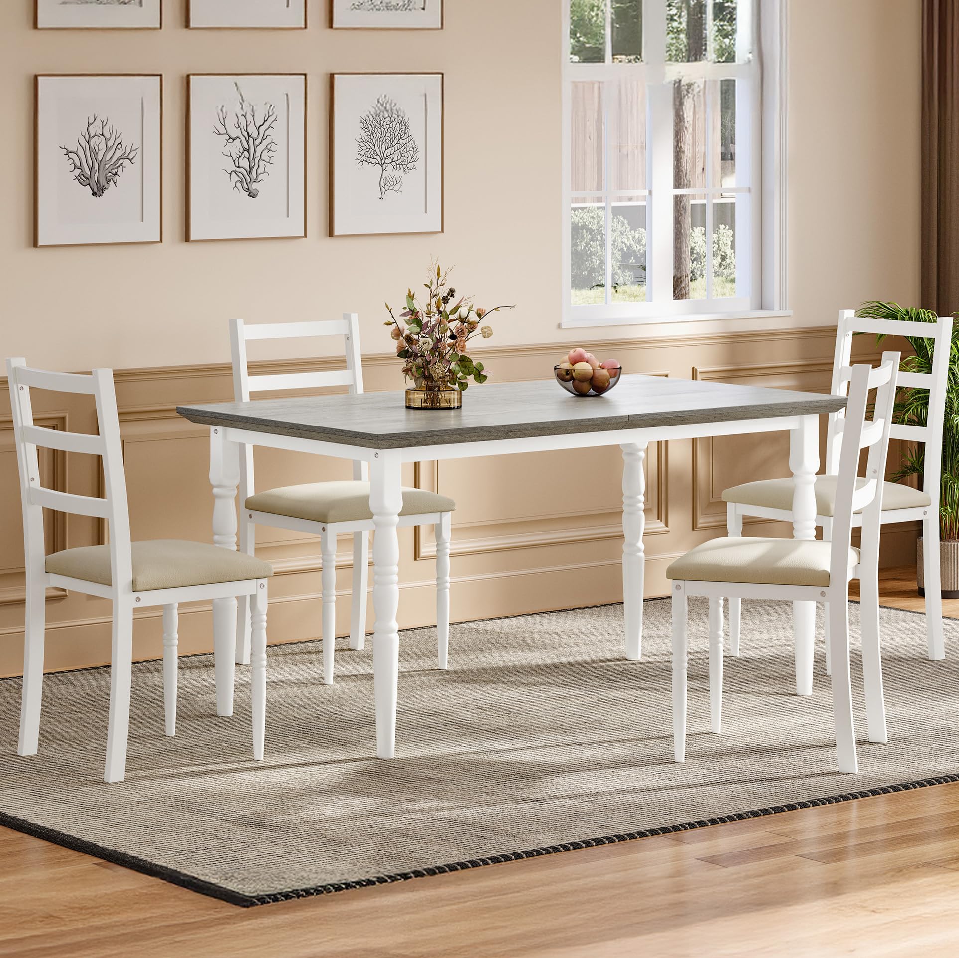 Photo 1 of YITAHOME 5-Piece Dining Table Set for 4, Farmhouse Dining Room Table with Chairs Faux Leather Upholstered, Rectangular Kitchen Dinner Table Set for Small Spaces & Apartment, White Grey