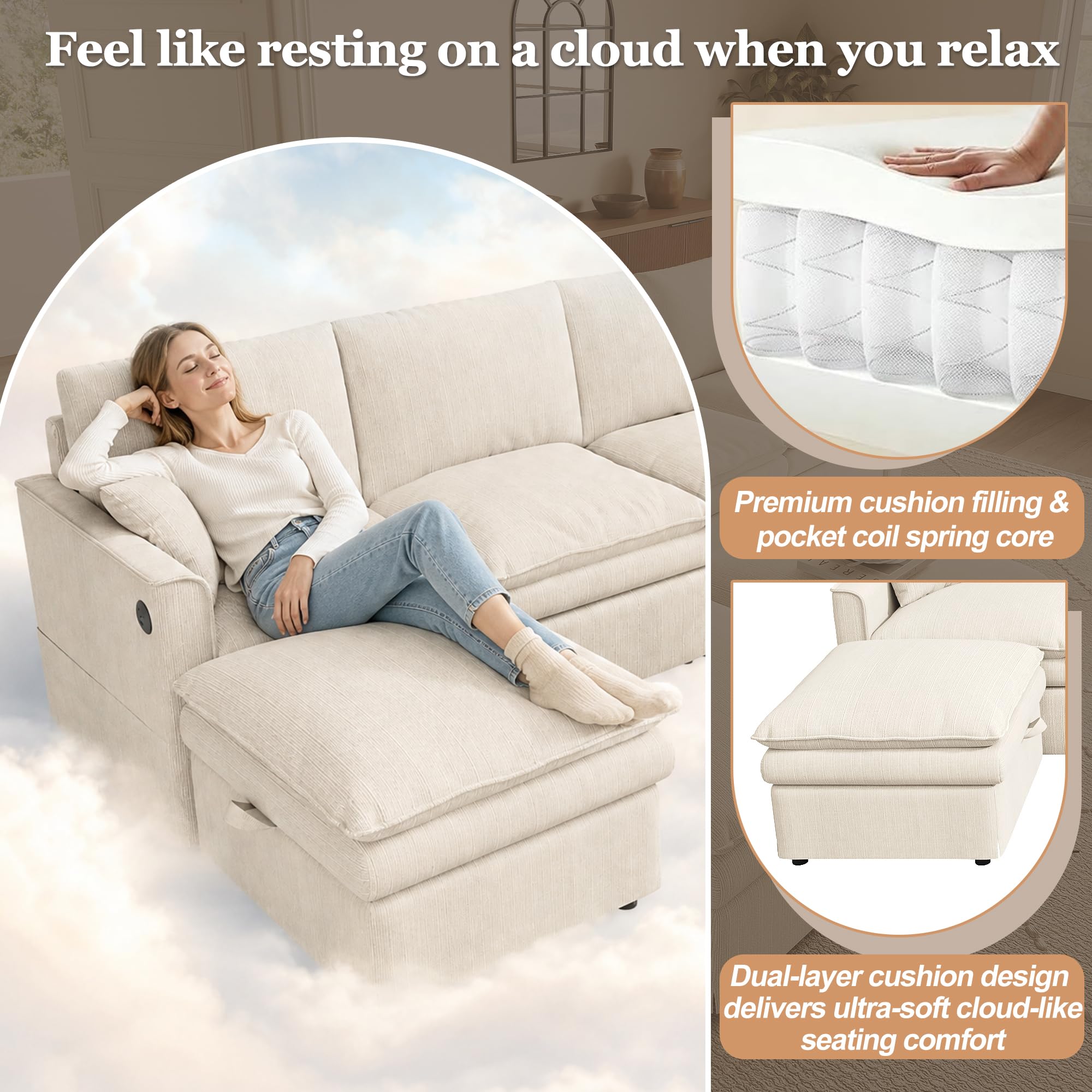 Divano Angolare U/L 6 Posti in Cotone-Lino Beige con 2 Pouf Portaoggetti, Divano Modulare a 6 posti con USB/Type-C e 2 Cuscini, per soggiorno/camera da letto