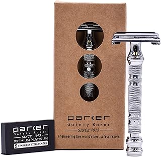 Parker Safety Razor, Twist-to-Open Double Edge Safety Razor with 5 Blade Refills for Smooth and Close Shaves (Chrome - Parker Model 66R)