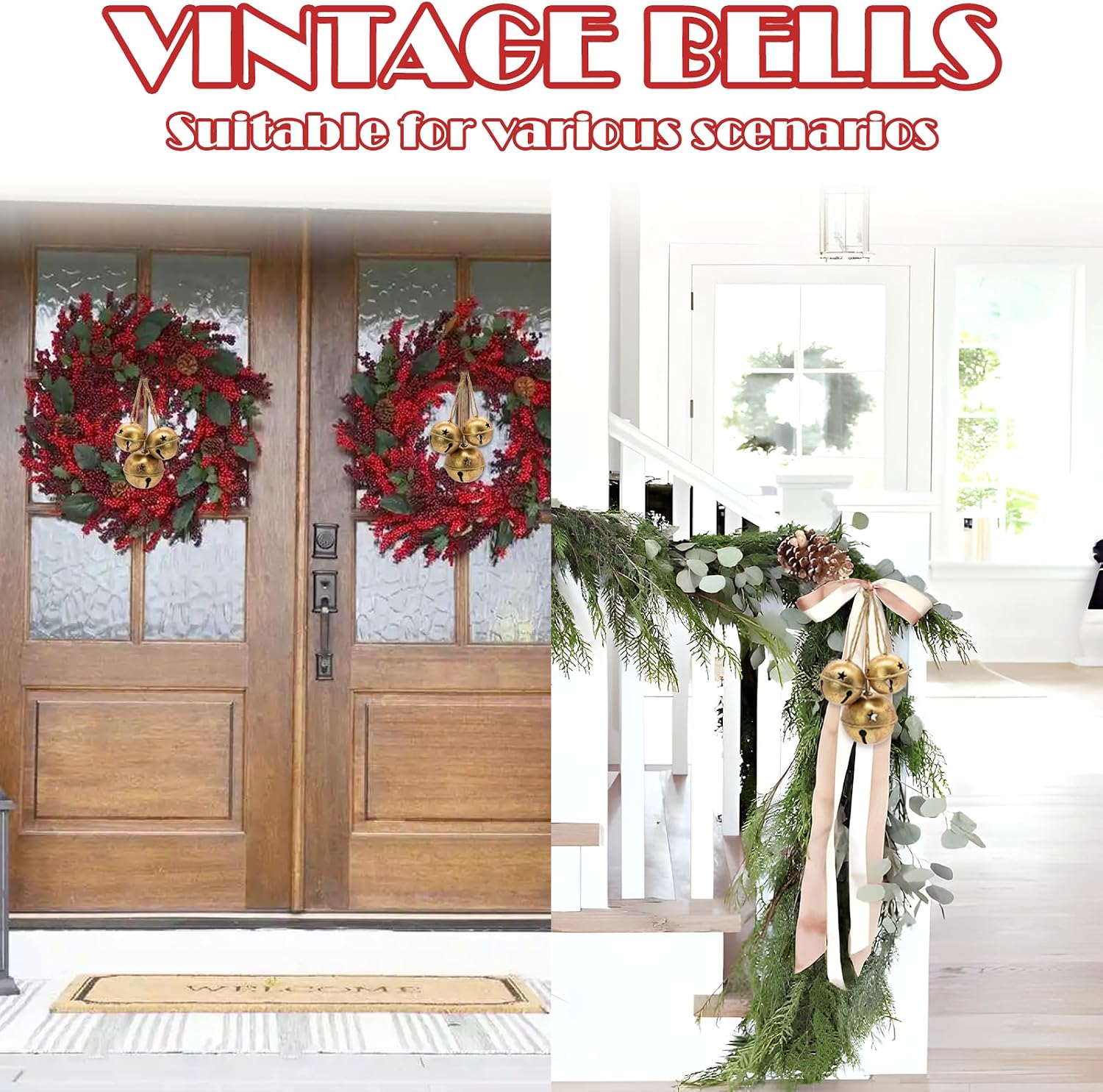 Christmas Jingle Bells Vintage Gold Brass Bells with Jute Rope for Rustic Christmas Decor Wreaths Gardens Trees Doors Windows Living Rooms and Rustic Home Decor