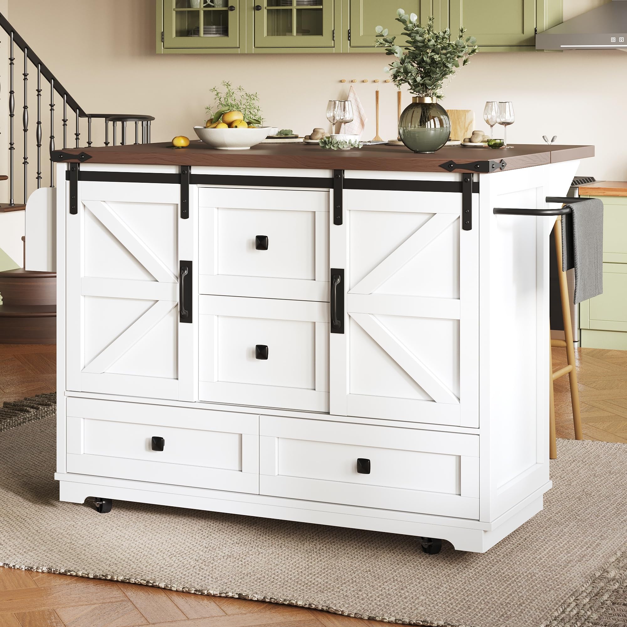 Carrito de cocina multifuncional con mesa plegable, isla de cocina móvil, bar, aparador con espacio de almacenamiento, carrito de servir con tres cajones y dos puertas de armario