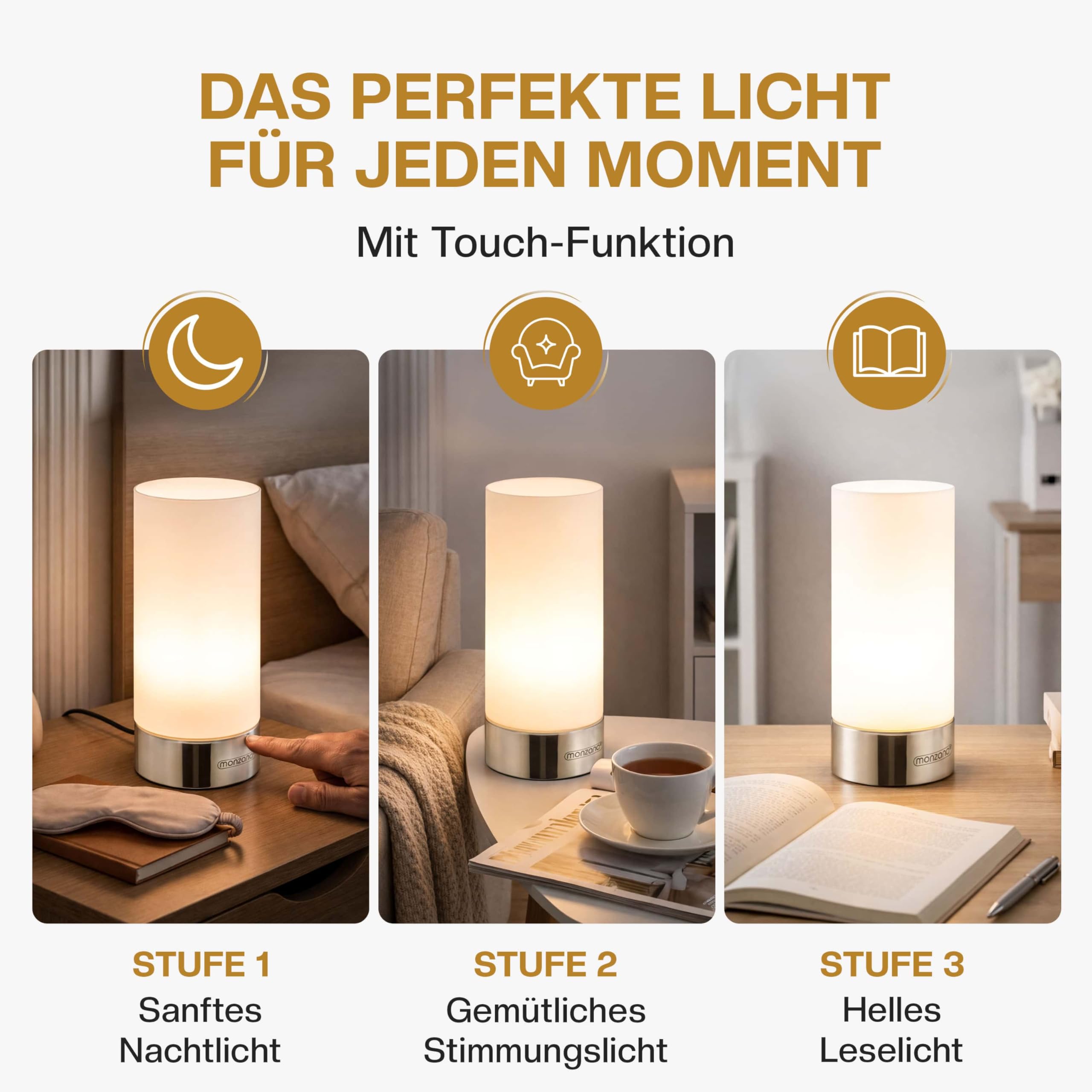 Monzana® Nachttischlampe 2er Set Touch Dimmbar mit LED Leuchtmittel Glasschirm Tischlampe Tischleuchte Wohnzimmer Schlafzimmer Nachtlicht Leselampe