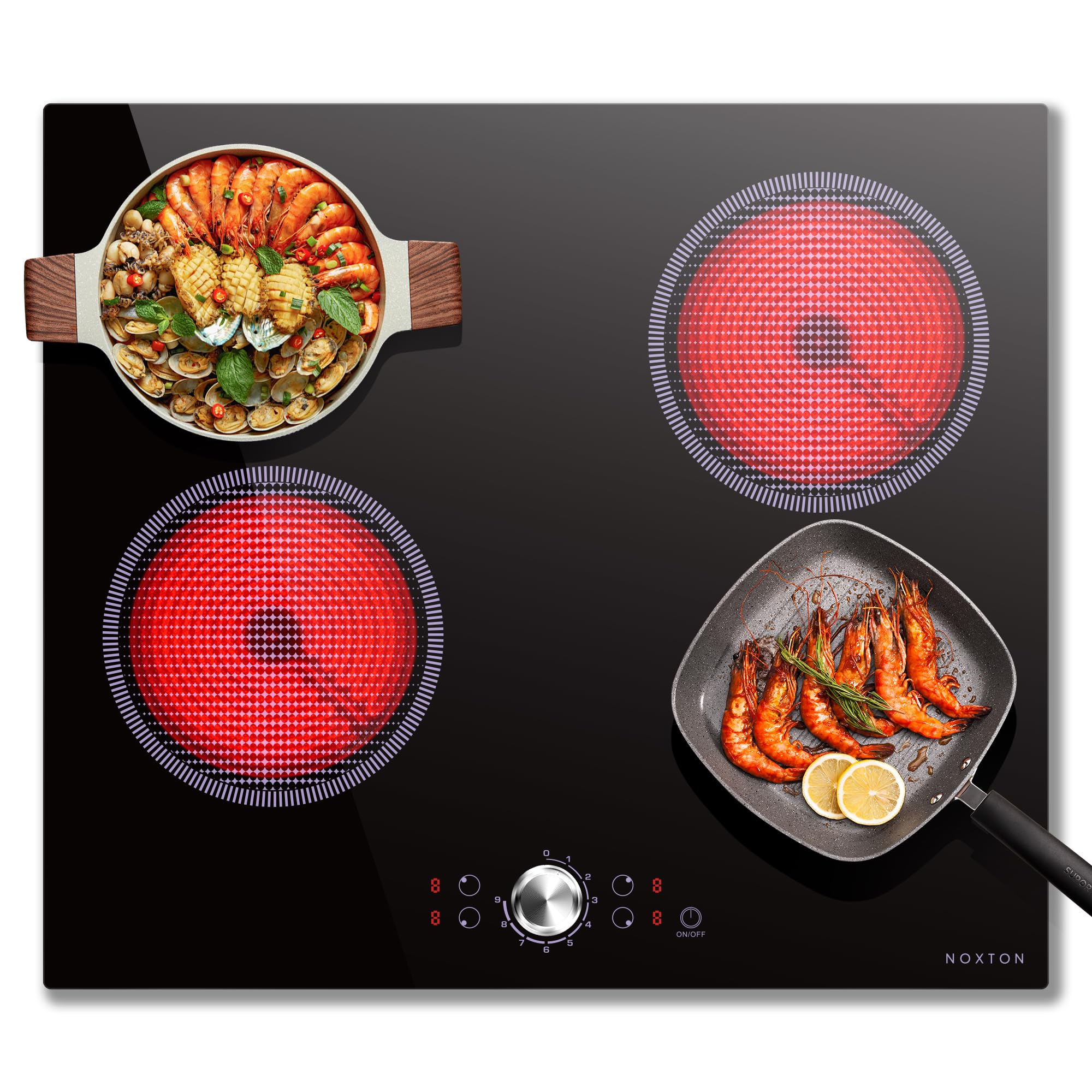 NOXTON Placa vitroceramica 4 fuegos 60 cm, Incorporado, Control giratorio, 9 niveles de potencia, Bloqueo para niños, Indicador de calor residual, 220 V ~ 240 V, 6000 W, Sin enchufe.