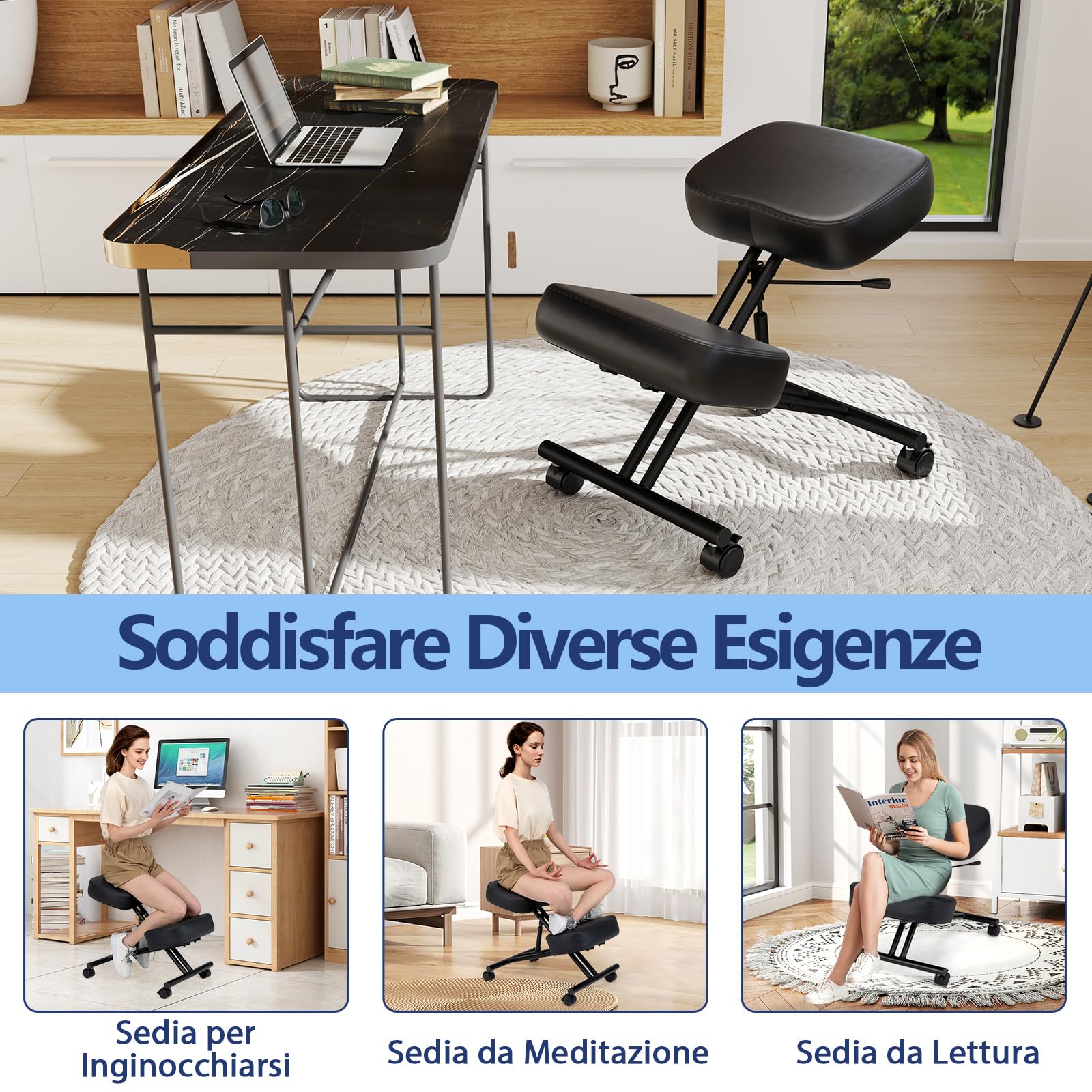 RELAX4LIFE Sedia a Ginocchio, Sedia Ergonomica a Ginocchio Regolabile in Altezza, Sgabello Imbottito da Ufficio con Ruote Universali Bloccabili, Ufficio, Home Office (72 x 46 x 68 cm)