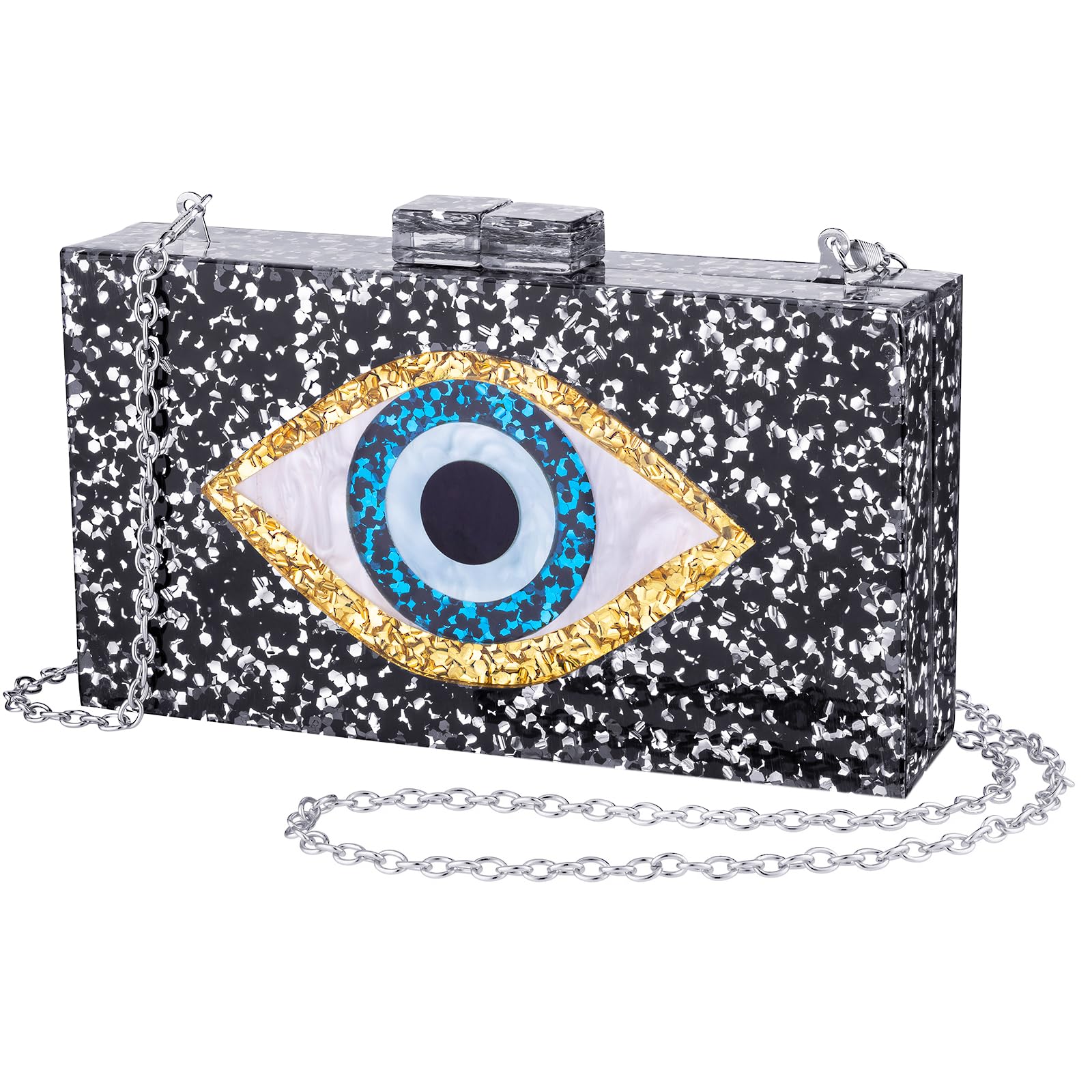 QTKJ Clutch Purses for Women, Acrylic Blue Evil Eye Evening Bag, Crossbody Bag for Wedding Party(Black Sequins)