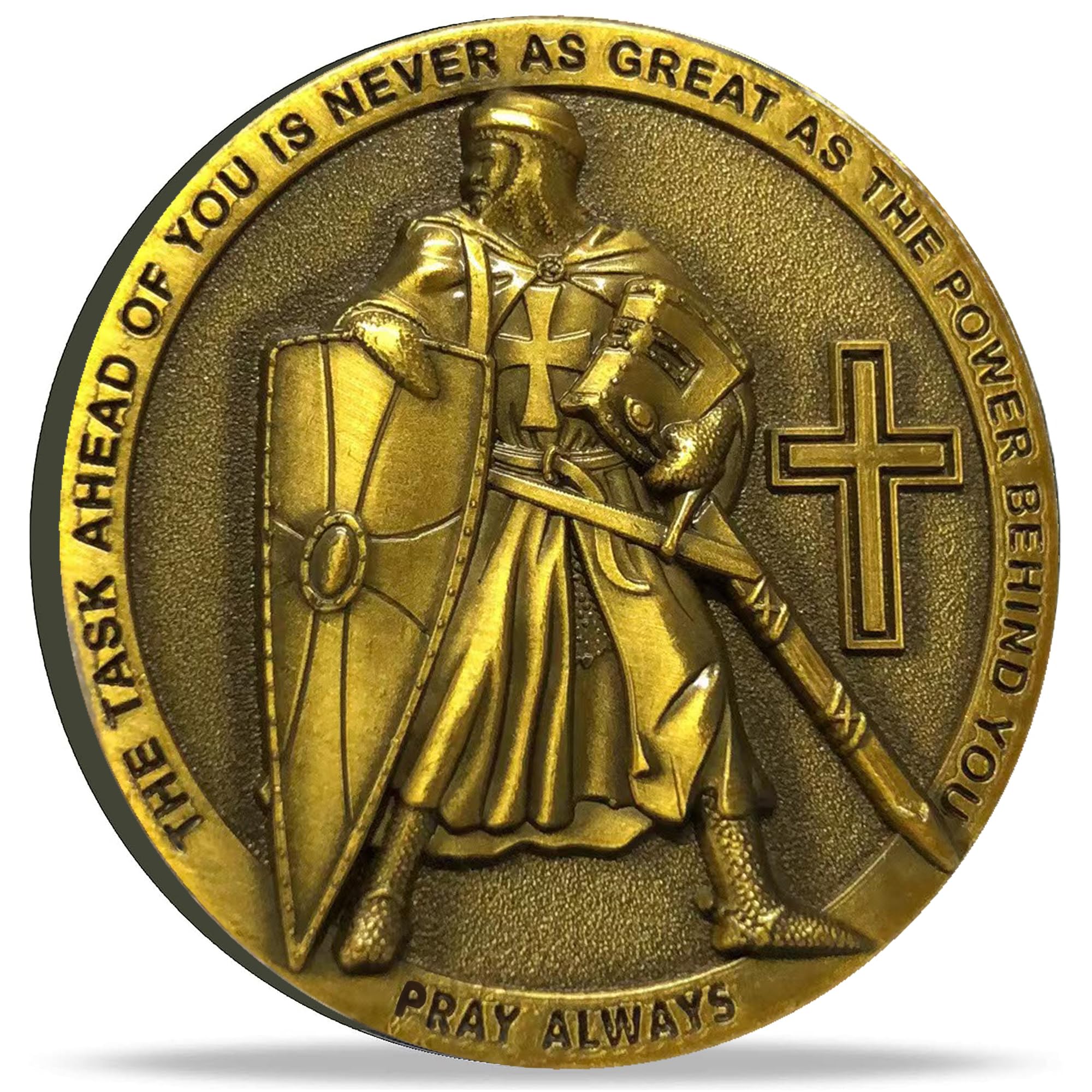 The Task Ahead of You is Never As Great As The Power Behind You Christian Challenge Coin Armed Soldier Cross Relief Inspiring Bible Verse Pocket Token (Single Coin)