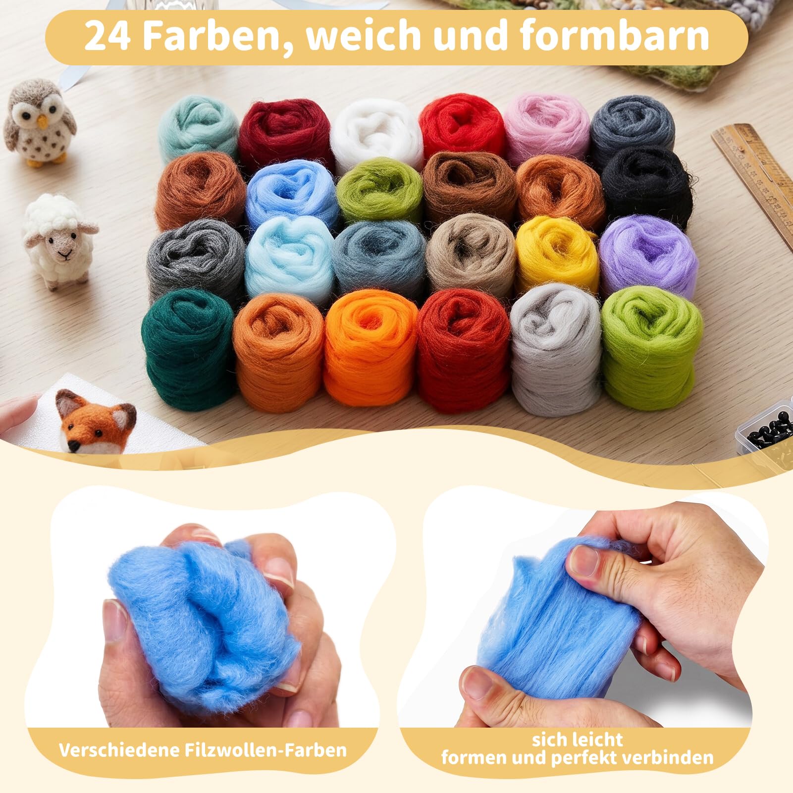 EOJDDPA 66-częściowy zestaw filcu igłowanego z 24 kolorami wełny filcowej, 16 igieł filcowych, podkładka filcowa (11,8 x 8,5 cm), torba do przechowywania i drewniane uchwyty, zestaw startowy DIY dla