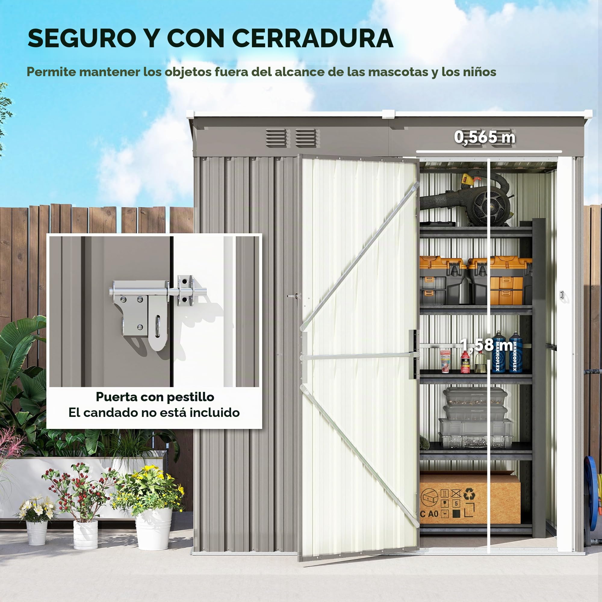 Outsunny - Cobertizo de jardín de metal, 1,37 m², 163 x 90 x 179 cm, acero galvanizado, armario de jardín Adossable con 2 rejillas de ventilación y techo inclinado antiUV - cabina de almacenamiento