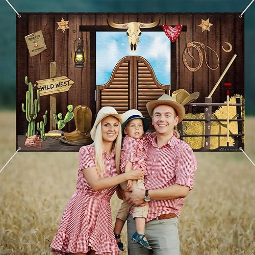 Miniatura 5 de Decoraciones de fiesta occidental, 70.8 x 43.3 pulgadas, fondo grande de vaquero con temática occidental, decoración rústica del salvaje oeste,