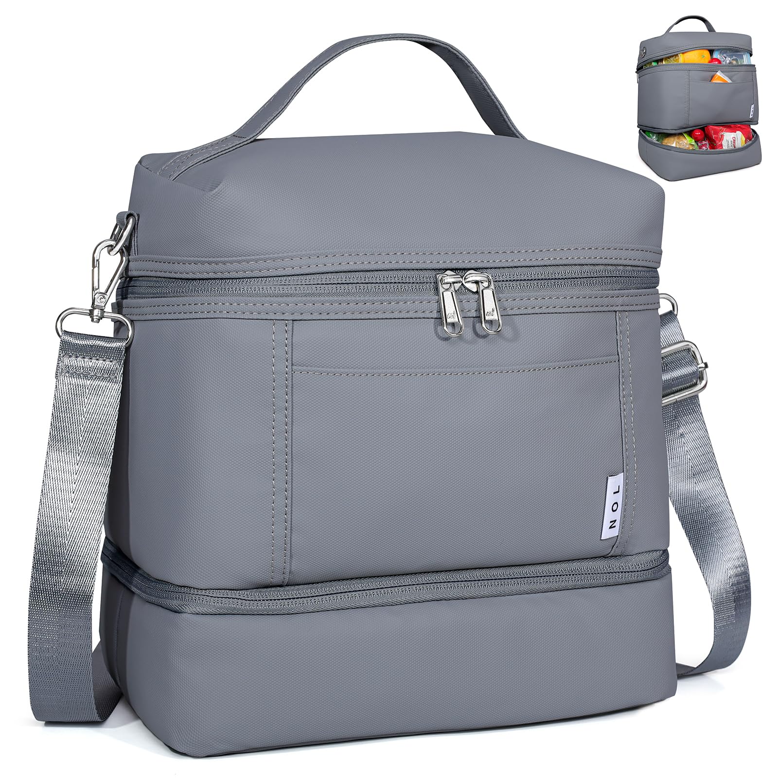 NOL Large Dual Compartment Insulated Lunch Bag for Women/Men Lightweight Nylon Waterproof Lunch Box Leakproof Cooler Tote Bag with Adjustable Shoulder Strap for Work,Light gray