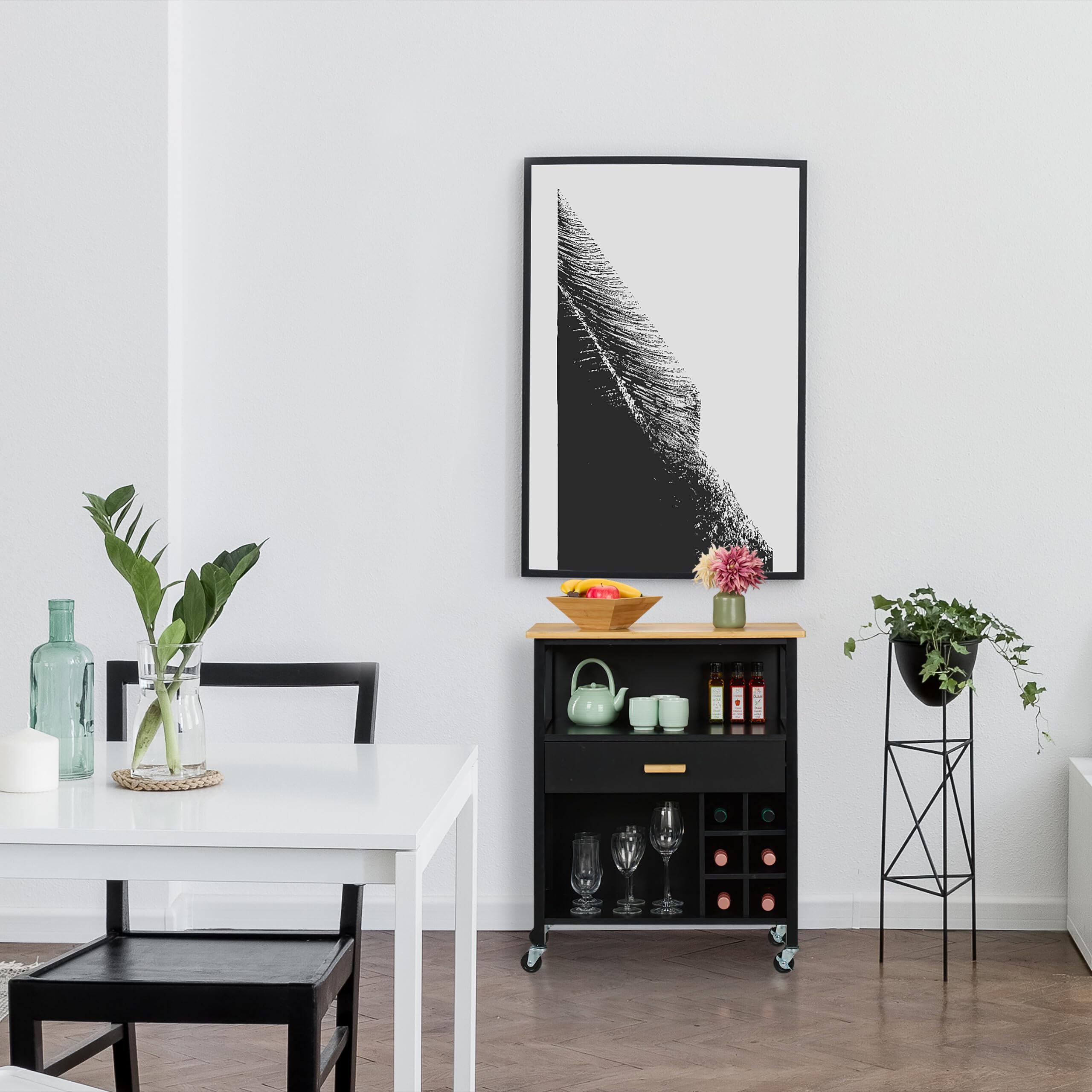 Relaxdays Desserte de Cuisine, pour 6 Bouteilles, tiroir spacieux, Plan de Travail, 80 x 65 x 35 cm, Blanc et Nature