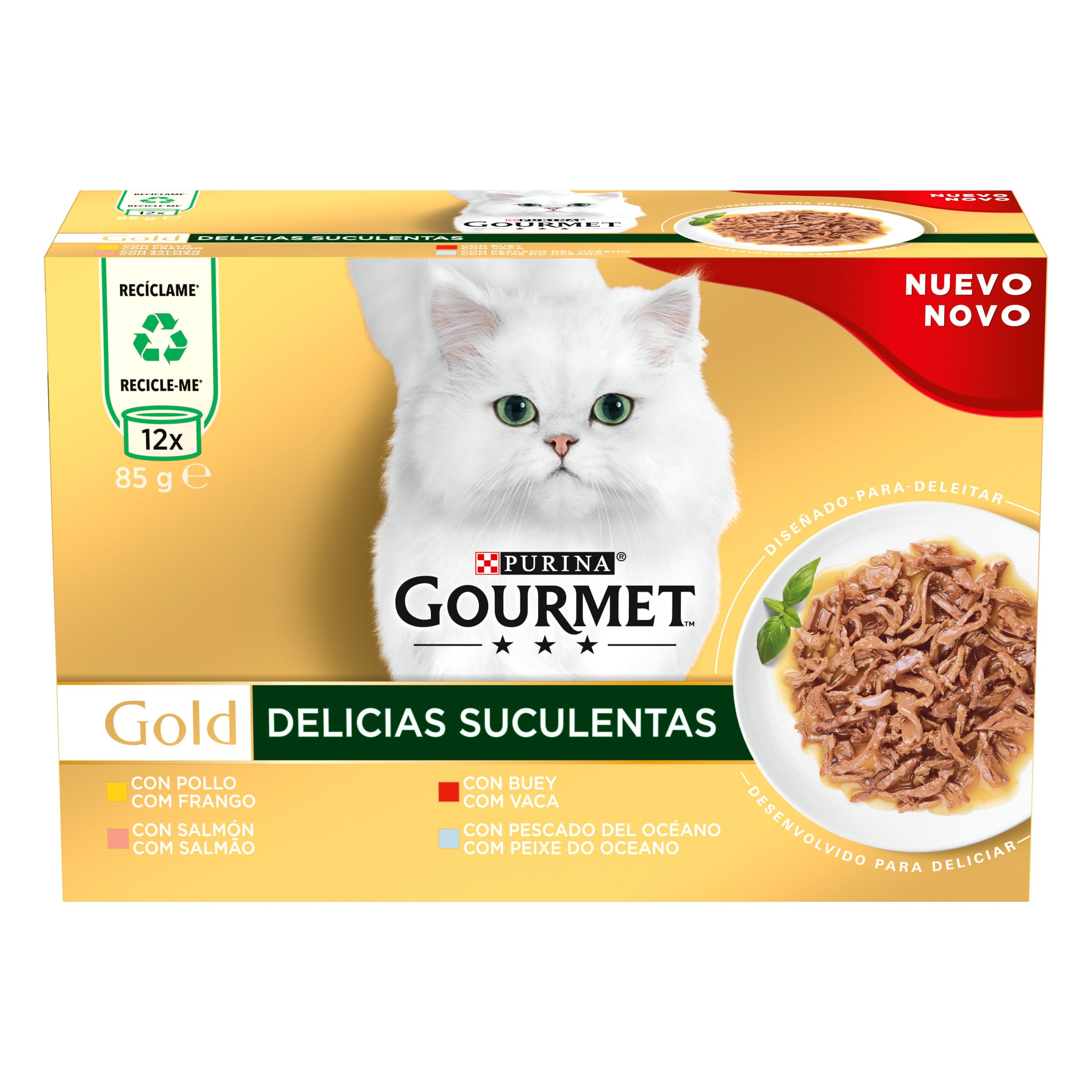 Purina Gourmet Gold Delicias Suculentas, Comida Húmeda para Gato Pack Surtido, 8 Packs de 12 latas de 85g - 96 latas