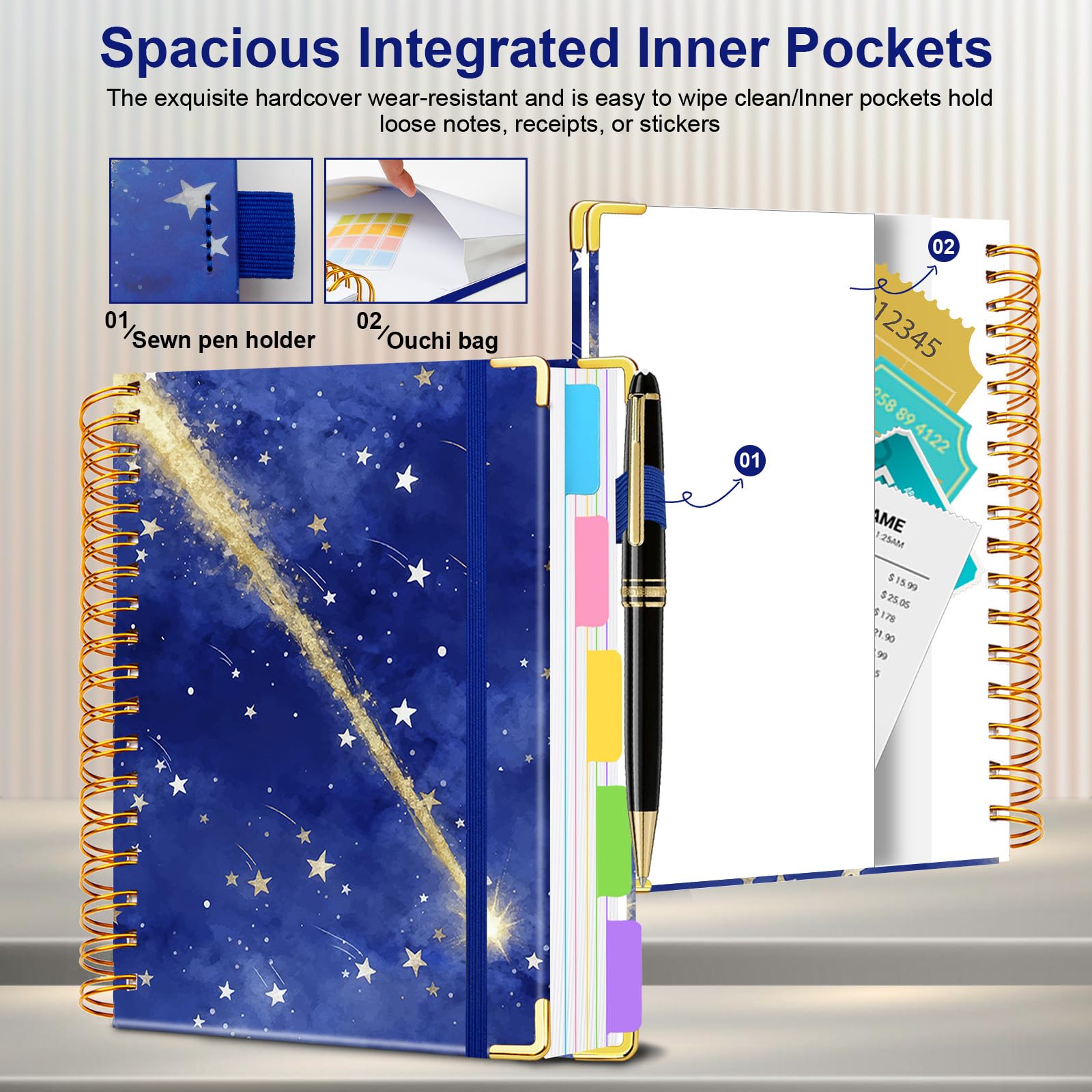 Carnet à spirale pour le travail, 300 pages, 5 sujets, ligné avec intercalaires et onglets, carnet A4 pour femmes, étudiants, prise de notes et organisateur (météorite étoilée)