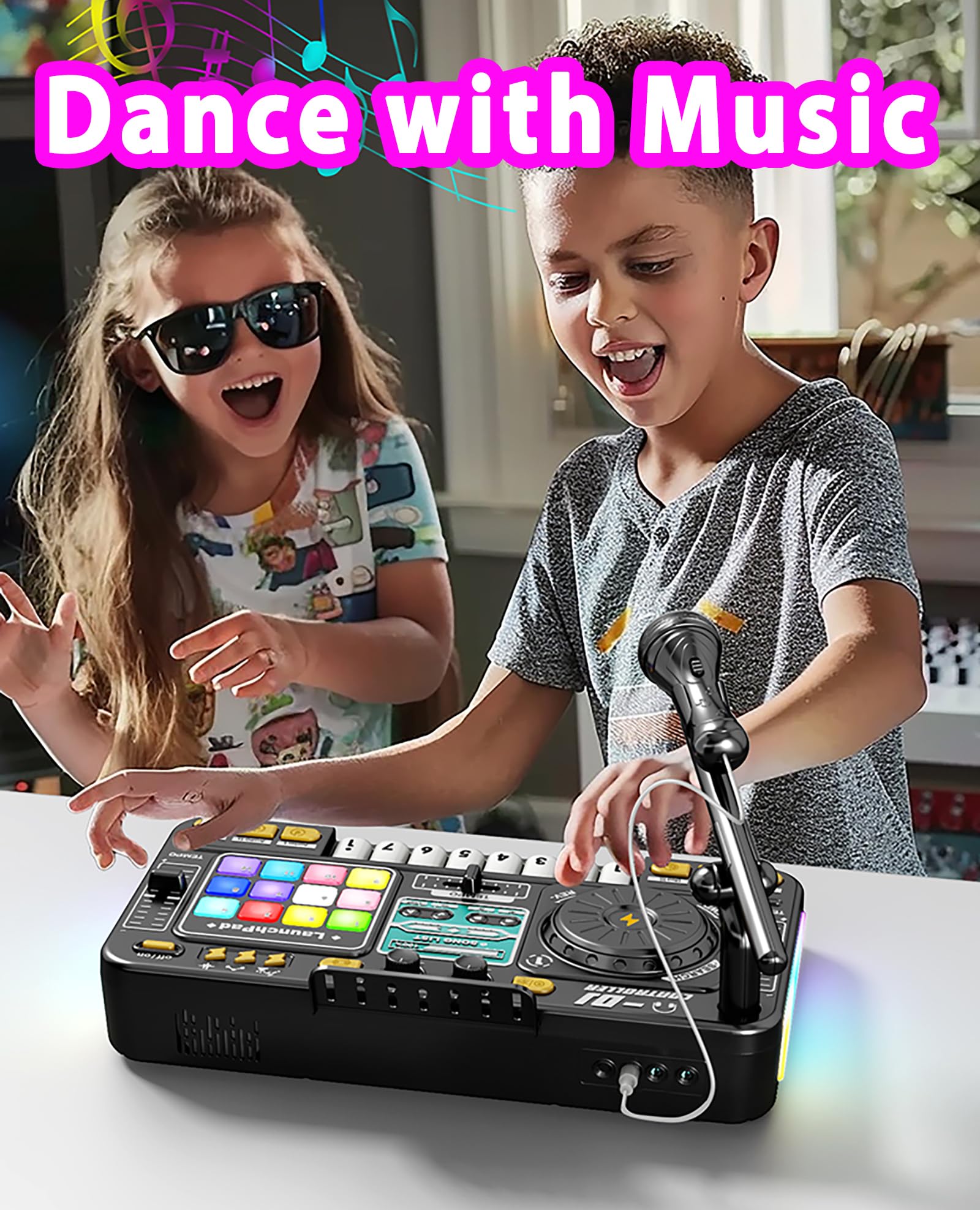 Table De Mixage DJ Pour Enfants Avec Effets Sonores Et Lumineux - Console Audio Avec Micro, Jouet Multifonctionnel 35.5x21x9.5cm