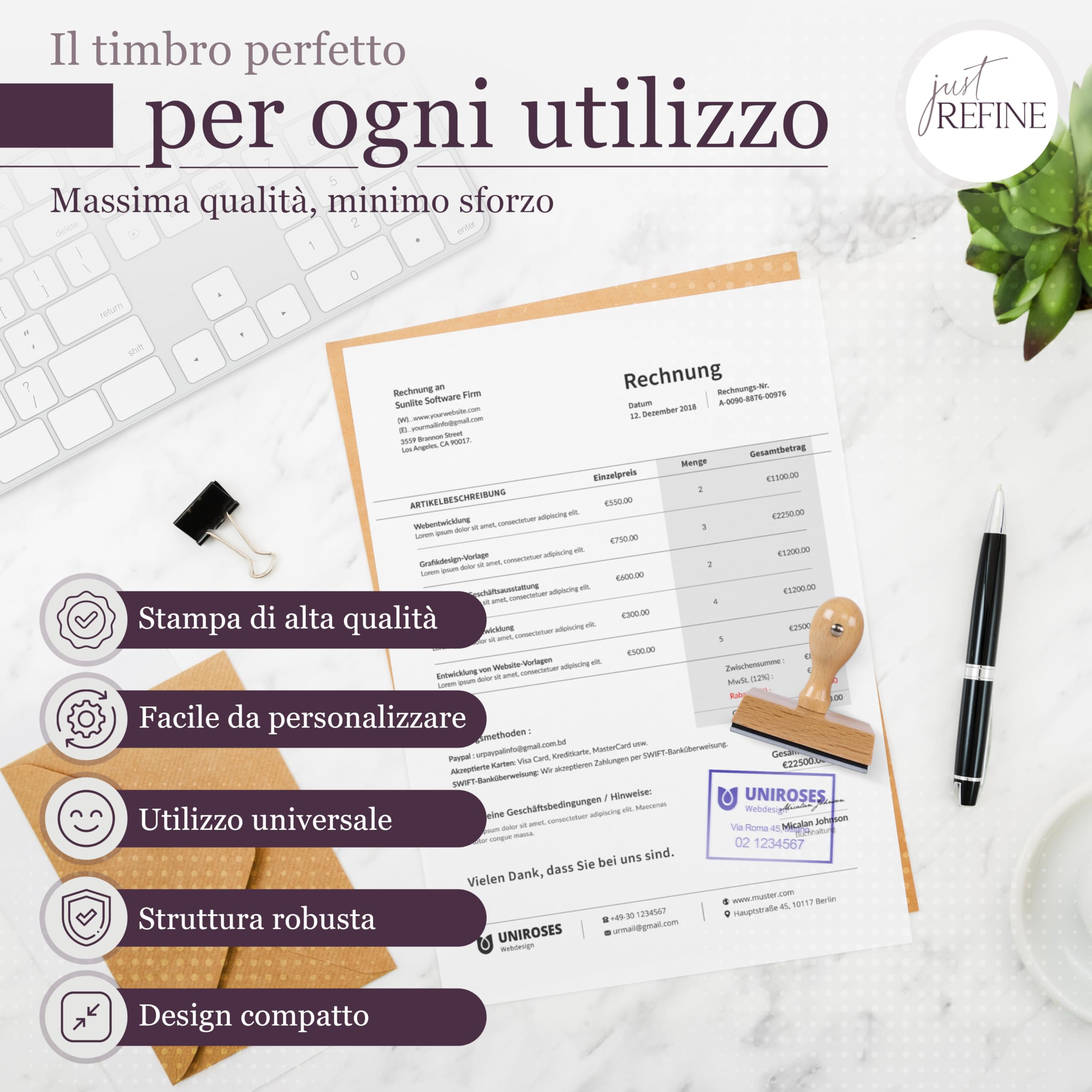 Timbro personalizzato, timbro con logo/testo, timbro aziendale con logo e testo, timbro con indirizzo e data in legno, varie dimensioni (ø 50mm)