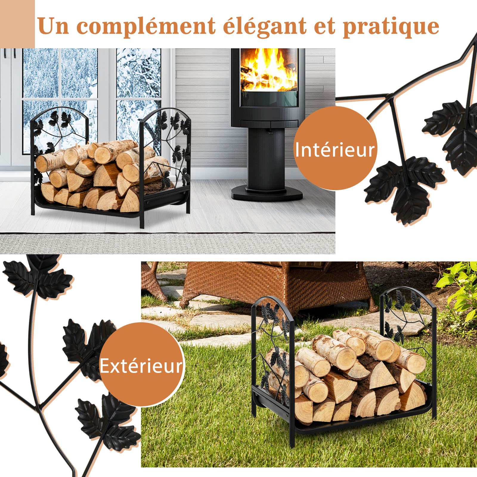 GOPLUS Range Bûches Cheminée, Porte Bûches en Acier avec des Pieds Surélevés, Motifs Feuilles Élégants, Charge 50 kg, Intérieur Extérieur 48 x 34 x 41 cm - 5