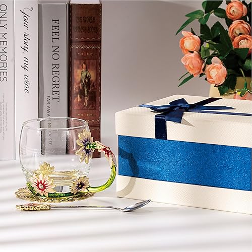 Vista 64 de Taza de té de flores, taza de café de cristal transparente con cuchara, caja de regalo para su madre, esposa, abuela, niñas, amigos, San Valentín