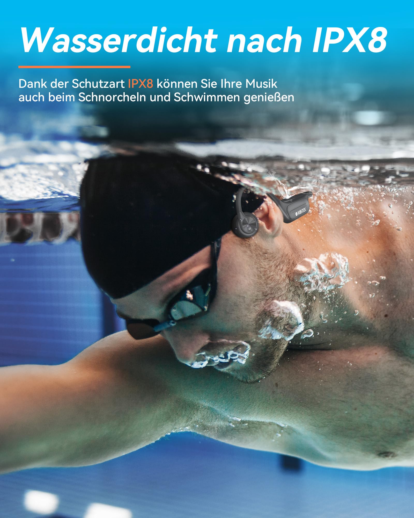 Voistek Knochenschall Bluetooth 6.0 Kopfhörer, IP68 wasserdicht, mit MP3-Player 32GB Speicher, Unterwasser kabellos, Open-Ear-Design für Schwimmen, Laufen, Fahrrad & Surfen (Grey)
