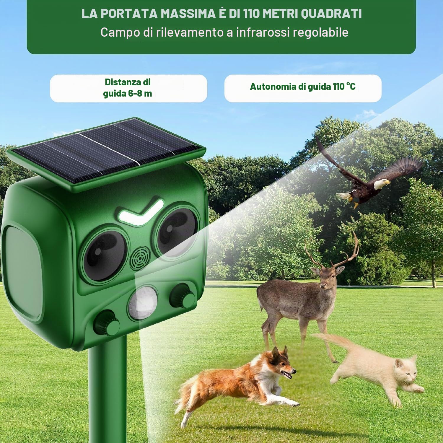 Ultrasonico Solare Alimentato Animale Deterrente,Sensore di Movimento e Luce Stroboscopica Impermeabile per Giardino,Cortile e Fattoria Allontana Volpi,Cani,Gatti,Uccelli e Ratti