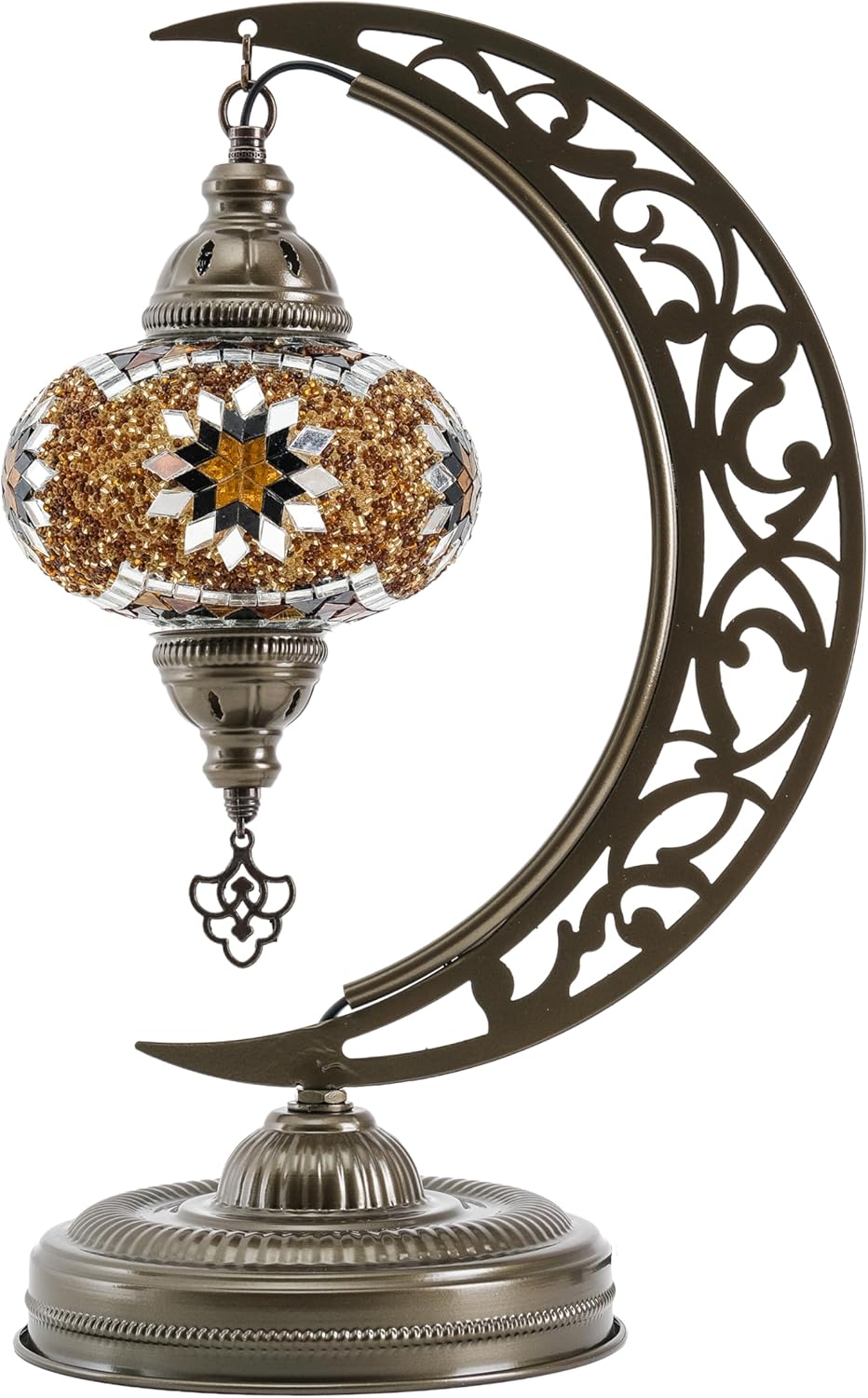 Mozaist Turkish Lamp, Unique Lamps, Moon Shaped Mosaic Table Lamp, Moroccan Handmade Antique Bohemian Vintage Lamp Shade, Tiffany Desk Bedside Stained Glass Lamp with US Plug and E12 Socket