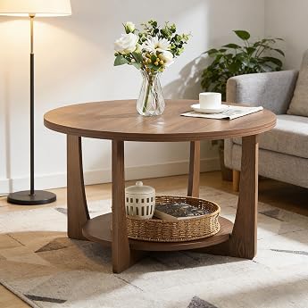 Bekrvio Round Coffee Table 80cm 2 Tier Brown Pine Legs